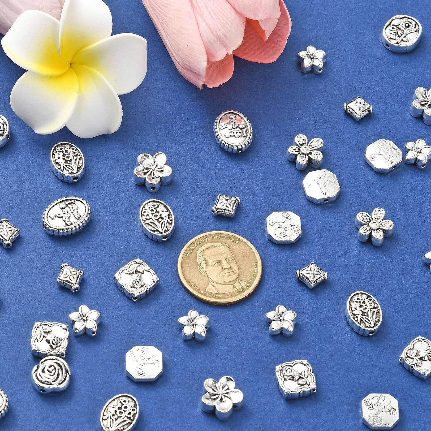 LiQunSweet 100 Pcs 10 Styles Tibetan Style Rose Flower Beads 5 Petals Cherry Blossom Tulip Beads Love Flower Beads for Mother's Day Jewelry Making Valentine's Day Bracelet DIY