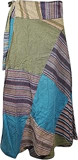 Mogul Interior Wrap Around Skirts Cotton Beige Patchwork Boho Maxi Skirt One Size