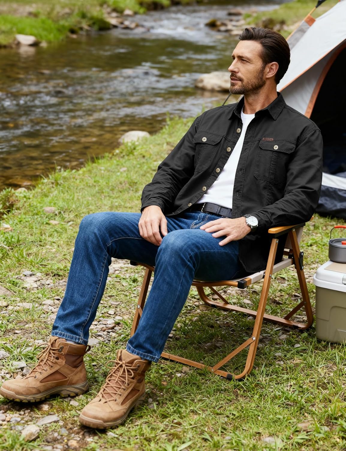 Eisctnd Men's Long Sleeve Work Shirt, Utility Cotton Button Down Cargo Shirts with Pockets for Casual Outdoor Safari - Image 3