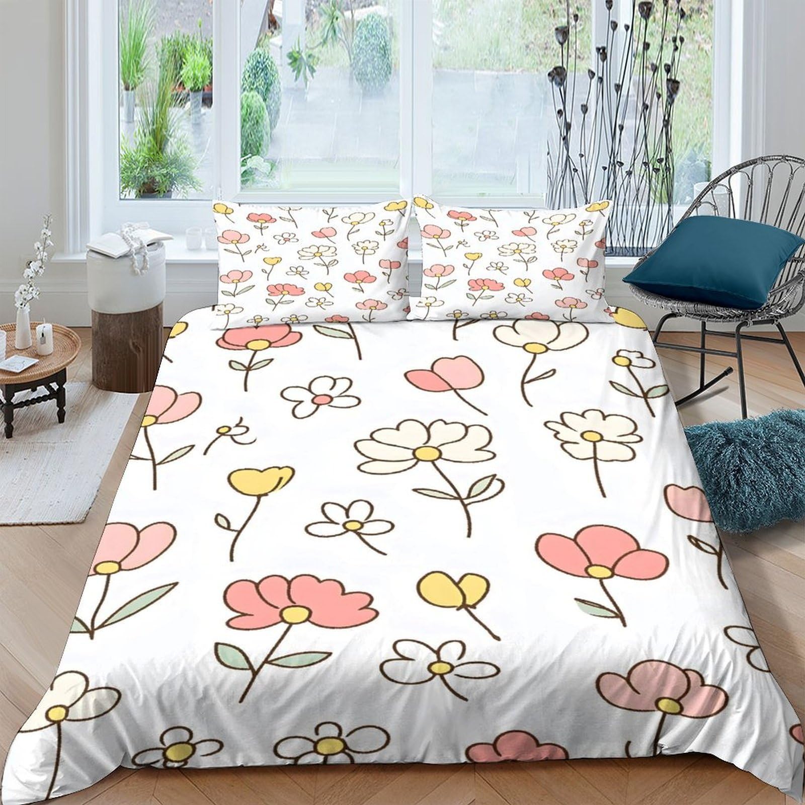 GPLZQXKJNH 3D Printed Ladybug Daisy Duvet Cover Microfiber Soft Breathable Bedding Set with 2 Pillowcases for Bedroom Decor Single（135x200cm）