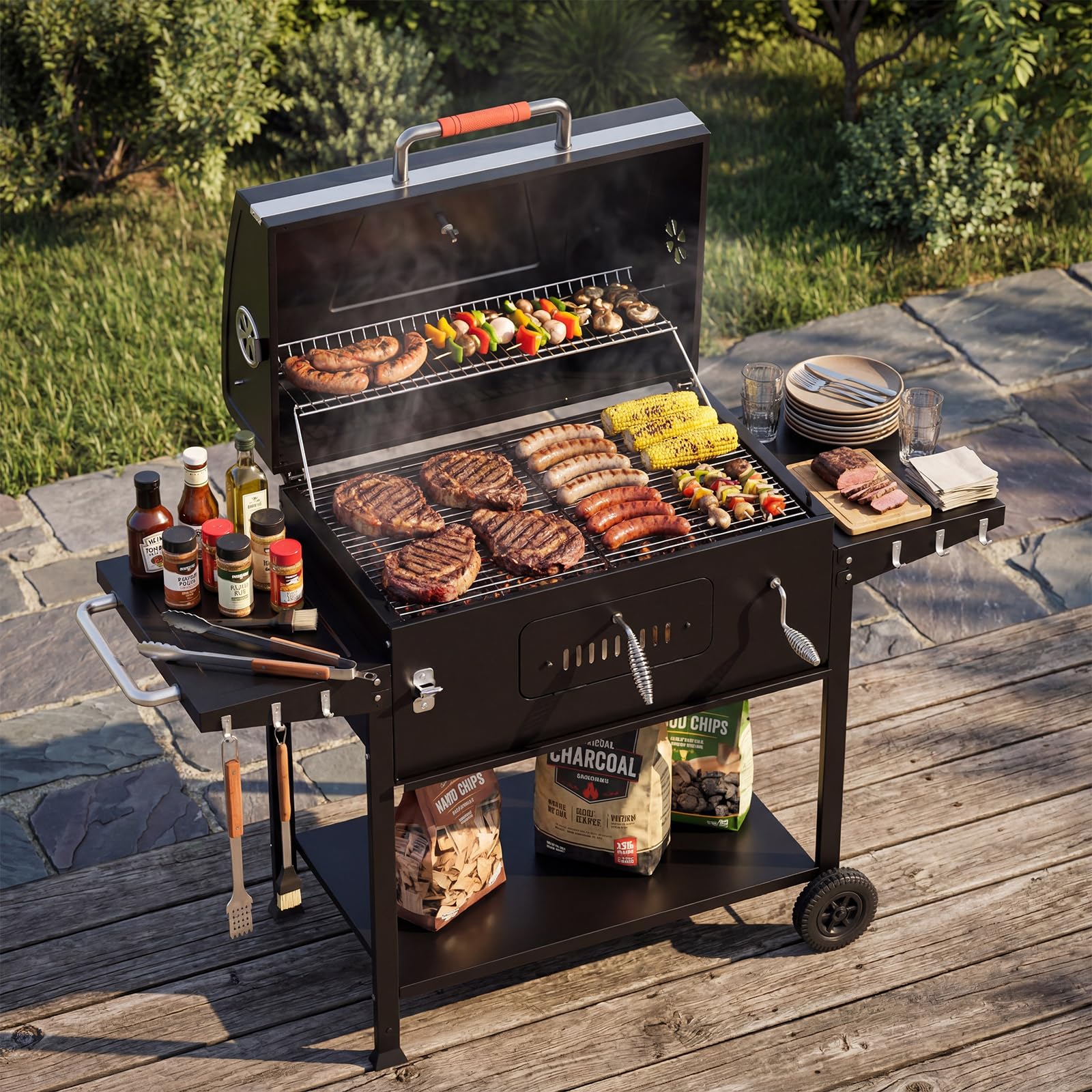 JUMMICO Tragbarer Holzkohlegrill mit Schornstein Schnellaufheizen Klappbaren Seitenbrettern Thermometer Zubehör für Familie Camping Garten BBQ