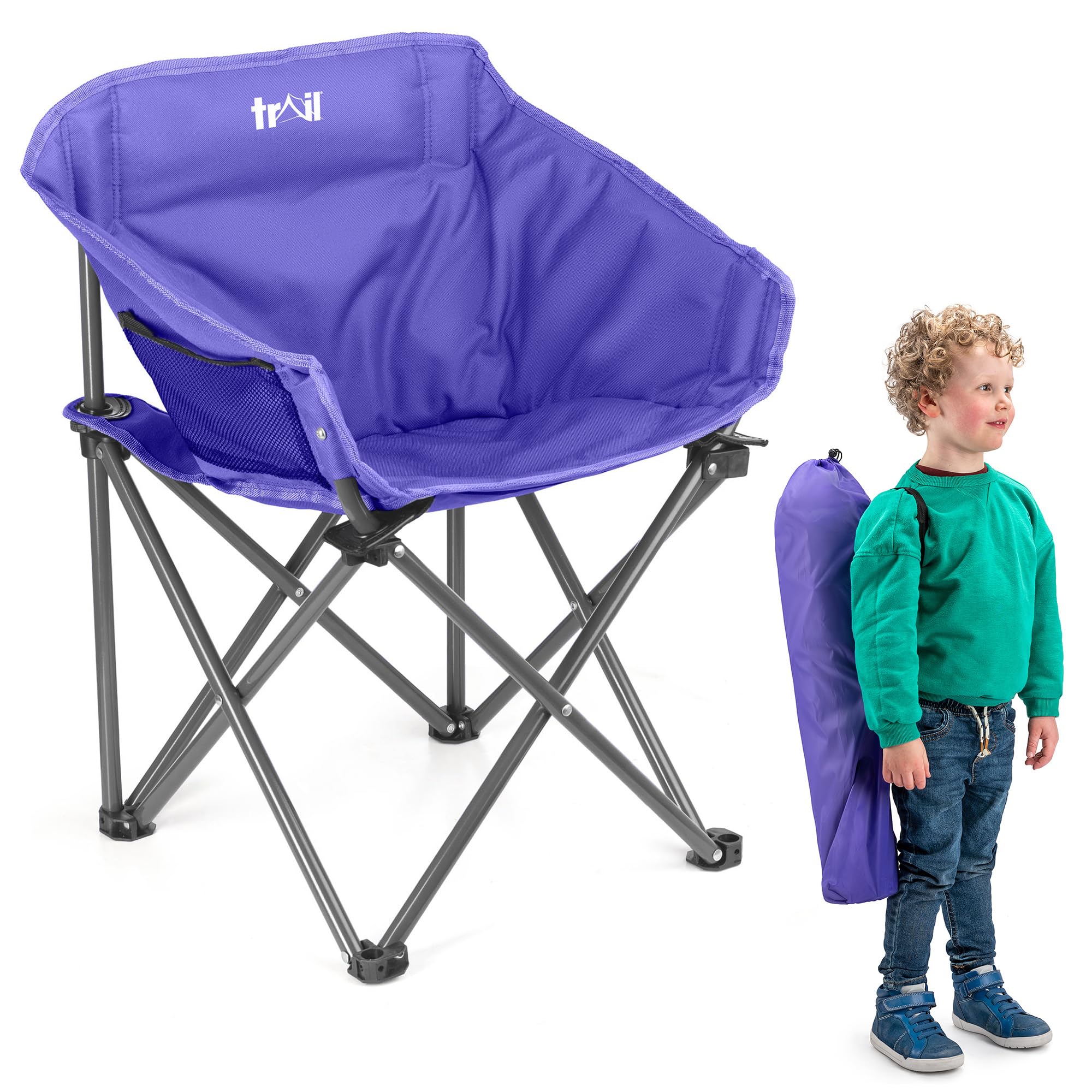 Trail Buzzard Kids Bucket Camping Chair (Purple) – Lightweight Folding Outdoor Garden Beach Chair, All-Round Padded Seat, Steel Frame & Safety Locks, Cup Holder & Pocket, Bag Included (Ages 3-10)