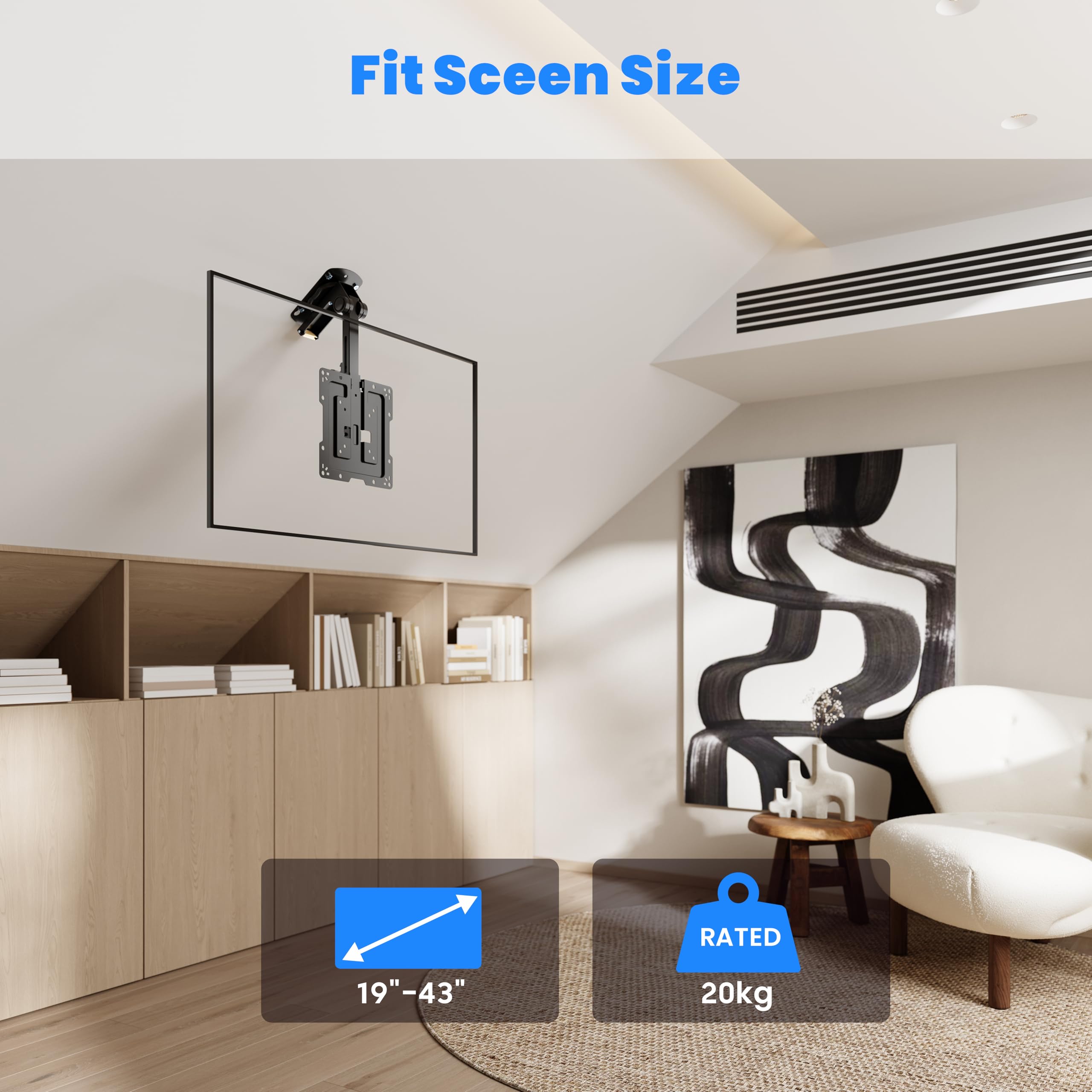 PureMounts Supporto a soffitto per televisori, adatto per 19-43 pollici, pieghevole, regolabile in altezza, orientabile, inclinabile, fino a VESA 200x200, nero