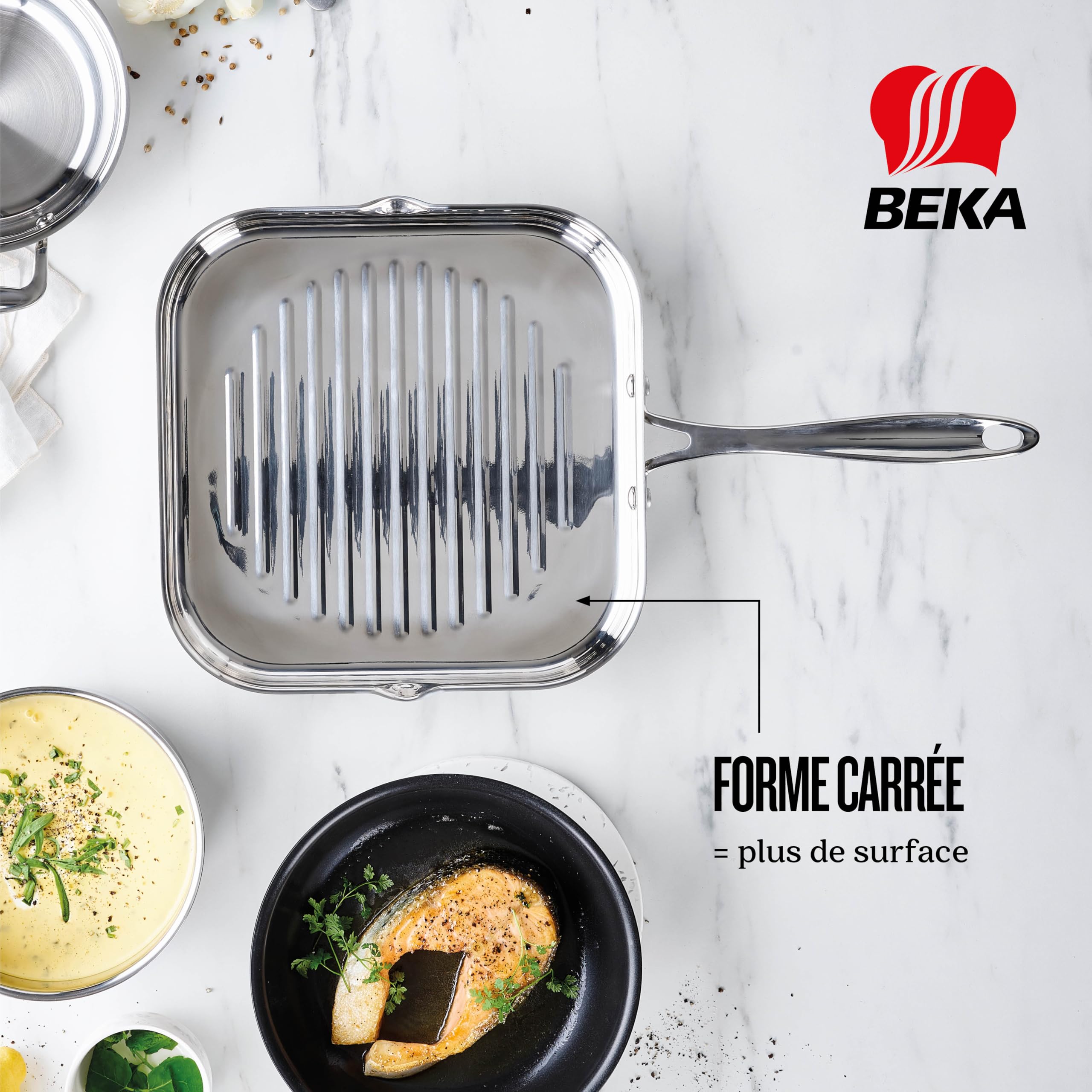 Beka Chef - Poêle Gril Inox 18/10 - 26,5 cm - Forme Rectangulaire - Tous Feux Compatible Induction - Acier Inoxydable