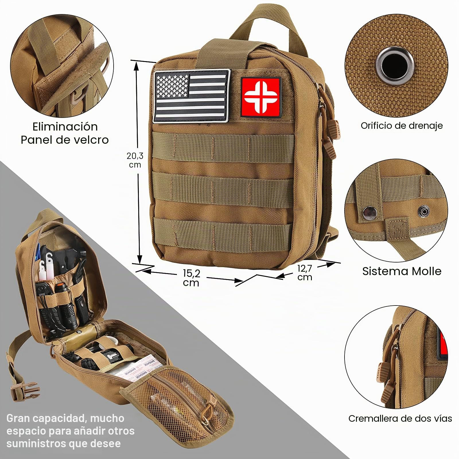 Kit de supervivencia y de primeros auxilios, 142 piezas, equipo profesional con bolsa Molle, para hombres, padres o esposos a los que les gusten las acampadas y aventuras al aire libre, color caqui