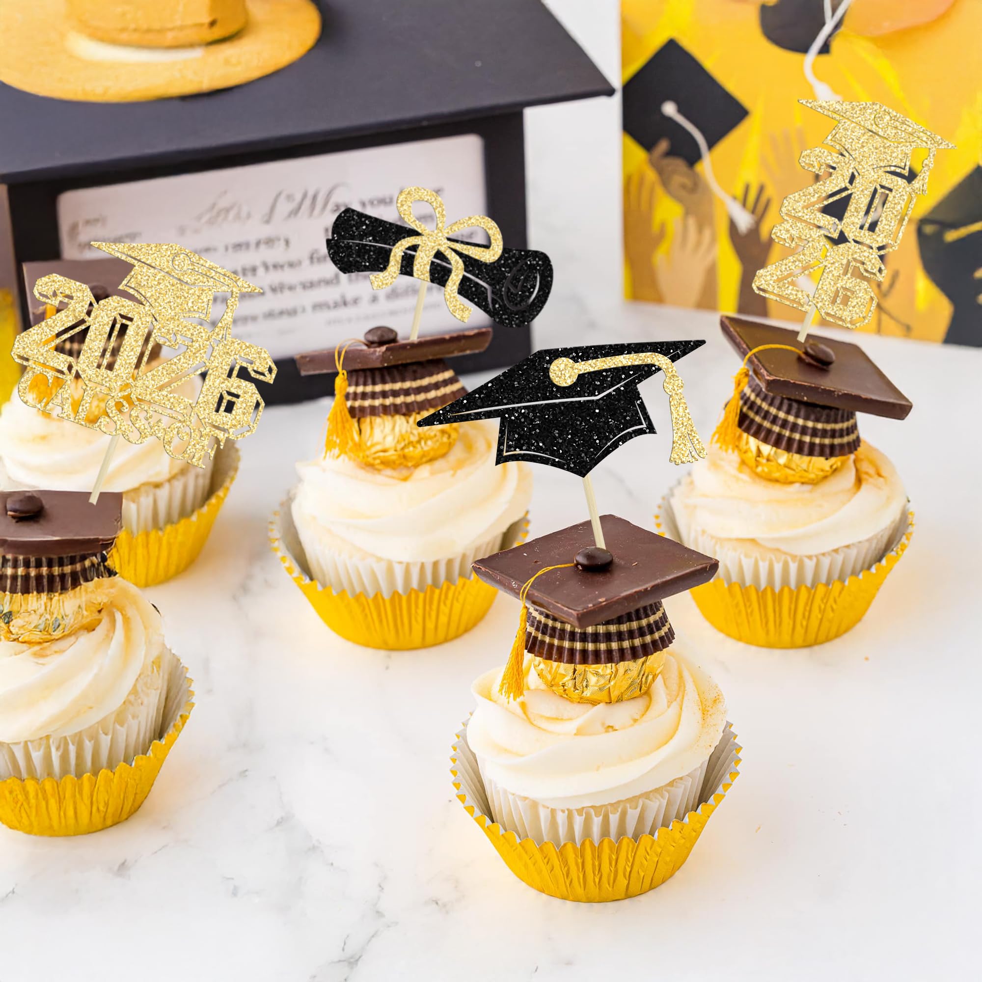 Gyufise 36Pcs 2026 Graduation Theme Cupcake Toppers Glitter Class of 2026 Cupcake Picks Diploma Grad Cap Cupcake Decorations for 2026 Graduation Theme Party Cake Decorations Supplies Gold - Image 4