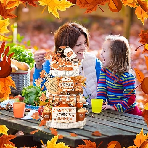 Miniatura 5 de FairySandy 15 piezas de decoración de bandeja escalonada de Acción de Gracias para otoño, decoración de mesa con calabaza de Acción de Gracias, para