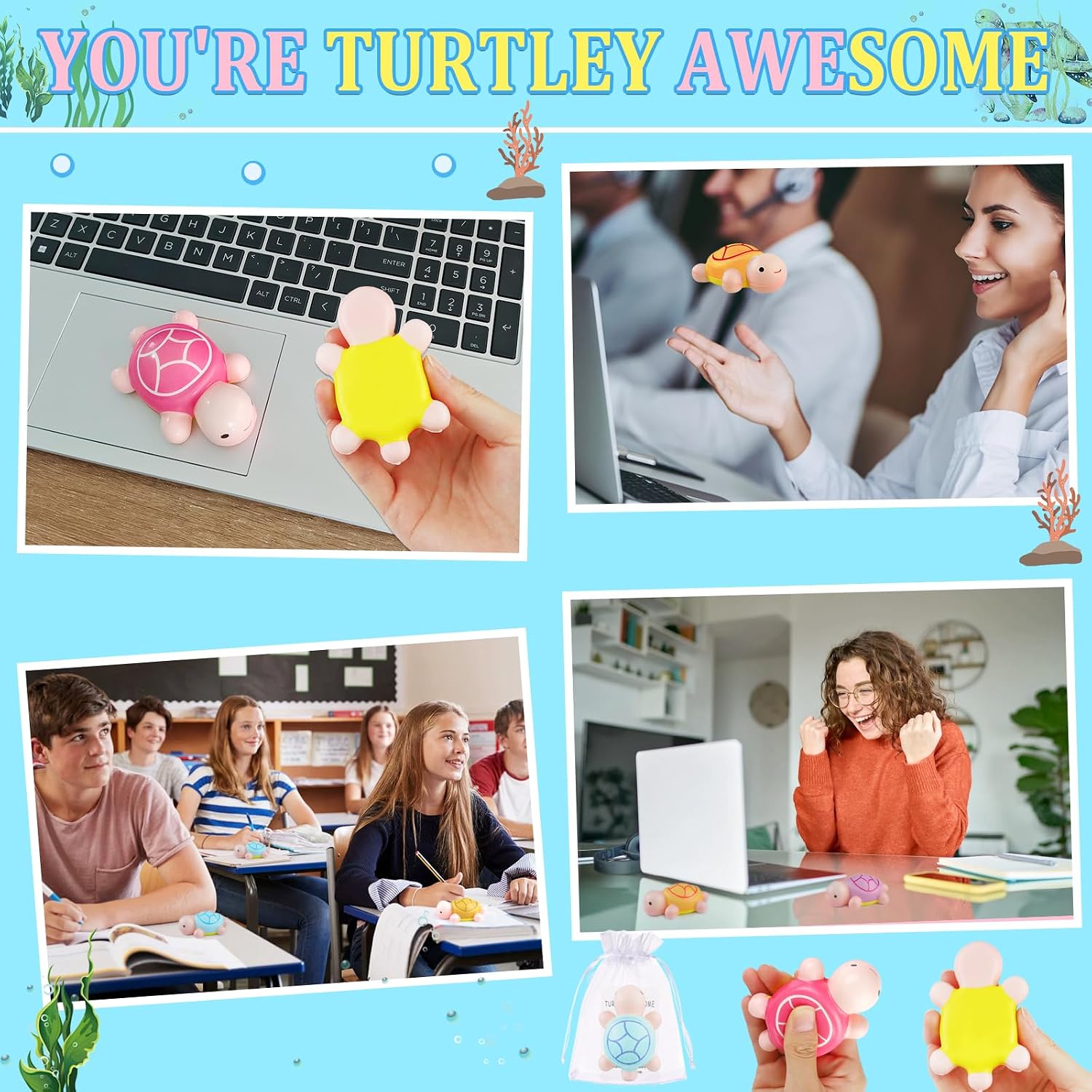 30 Sets Turtle Squeeze Toy Sensory Turtle Stress Ball Including Cute Mini Turtles Motivational Cards Organza Bags Positive Appreciation Gifts for Teacher Funny Graduation End of Year Gifts for Student