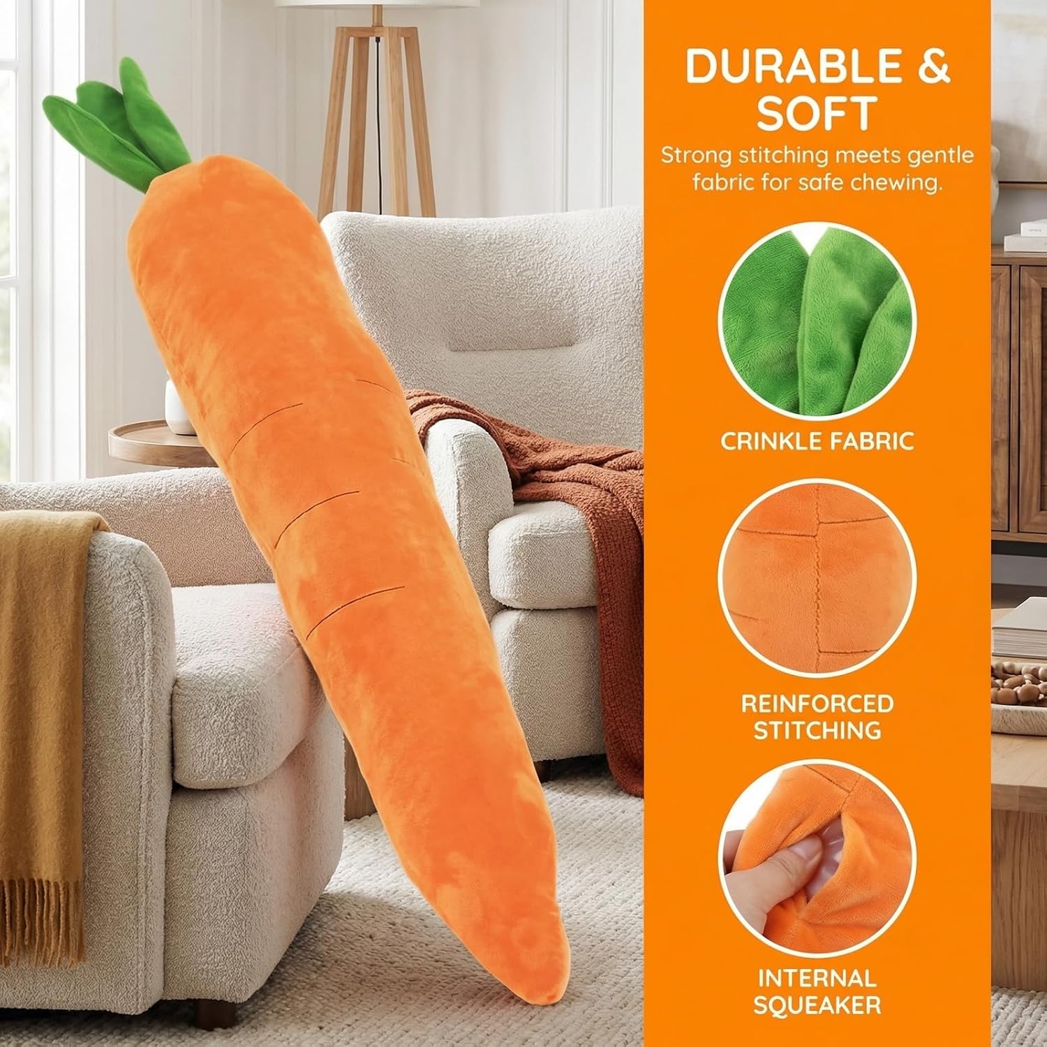 Giant Carrot Dog Toy, for Soft Chewers, Durable Squeaky & Crinkle, for Small, Medium, Large Dogs, Indoor Outdoor Play,Cute Soft Stuffed Indoor Pet Toy