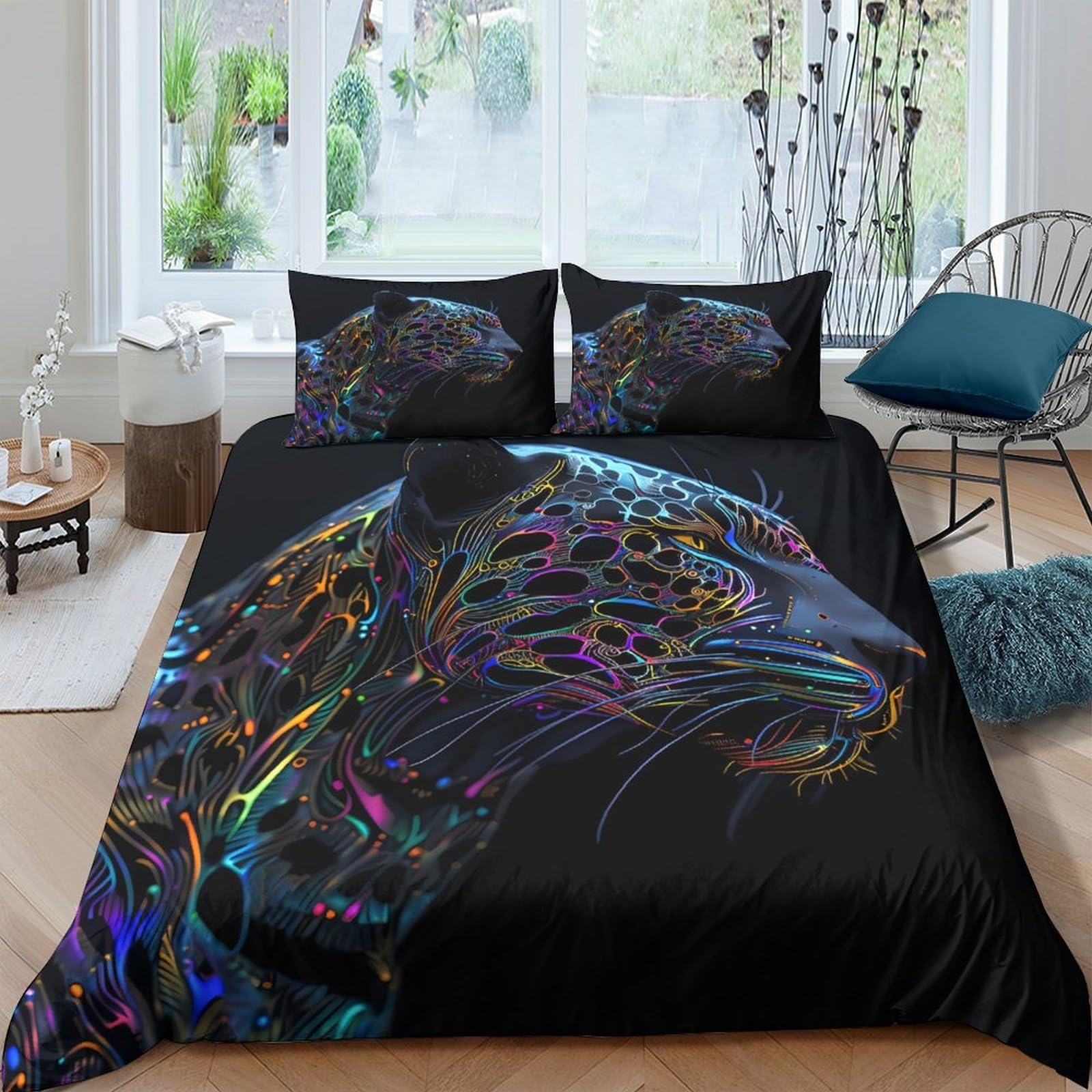 Ctjqhvkz Style-4 3D Printed Neon Panther Fitted Sheet Microfiber Soft Bed Cover Colourful Animal Decor Bedroom Protection Single（135X200cm）