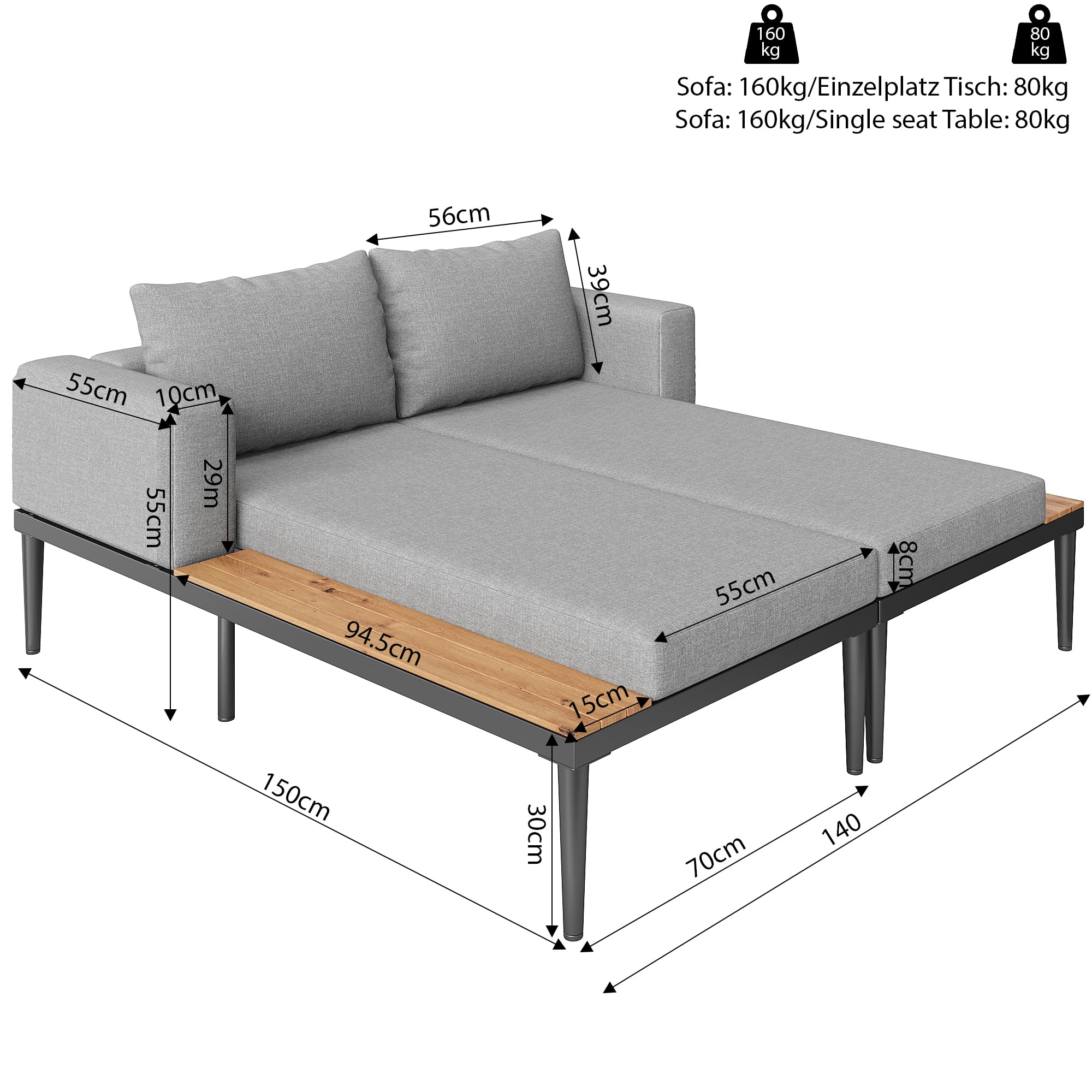 Lit de jour pour patio d'extérieur, lit double, chaise longue d'extérieur, multifonctionnel, imperméable, avec étagères, pour patio, jardin et balcon
