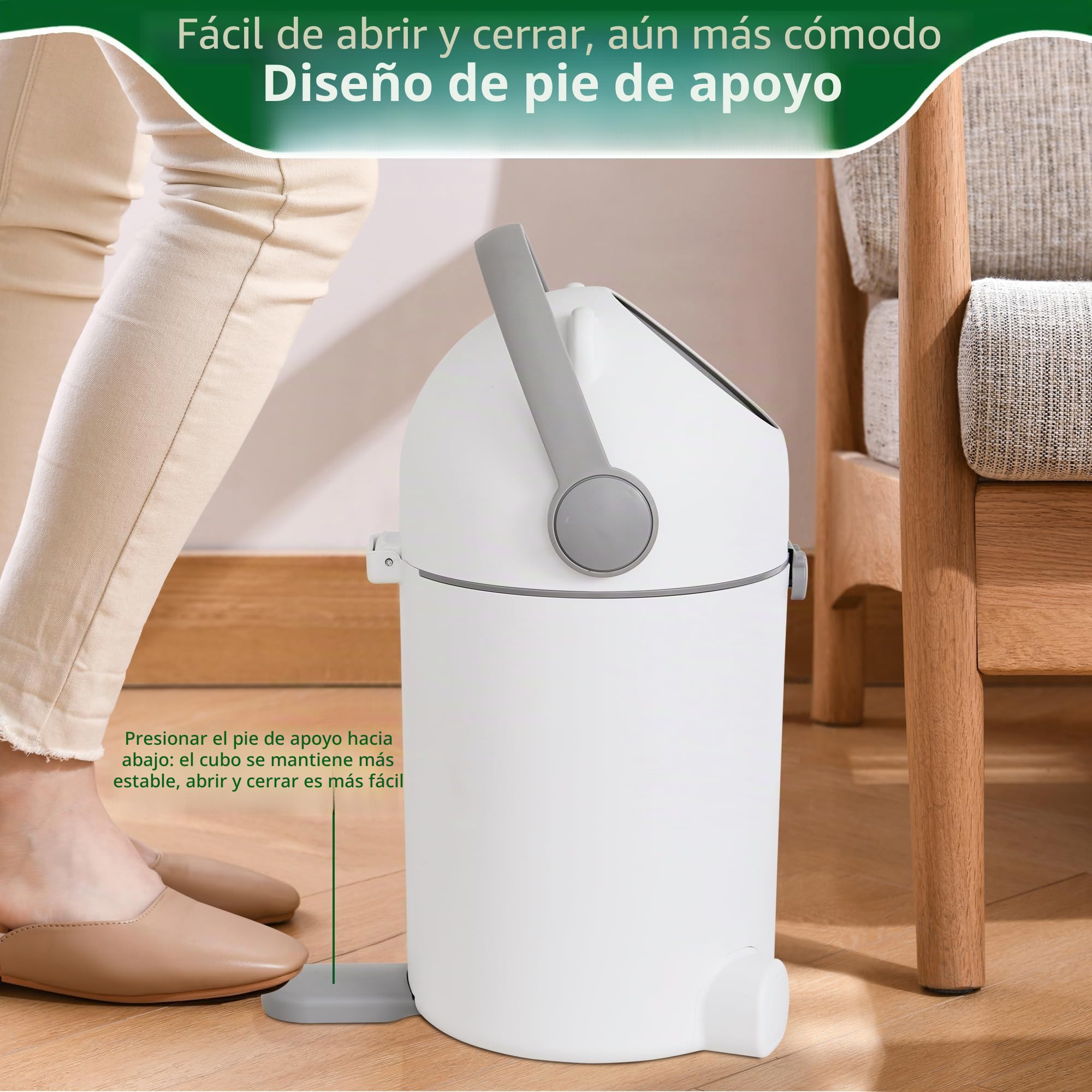 Cubo de pañales con protección contra olores, 12 l, manejo con una sola mano, bolsa universal, diseño de oso n2, color blanco y gris