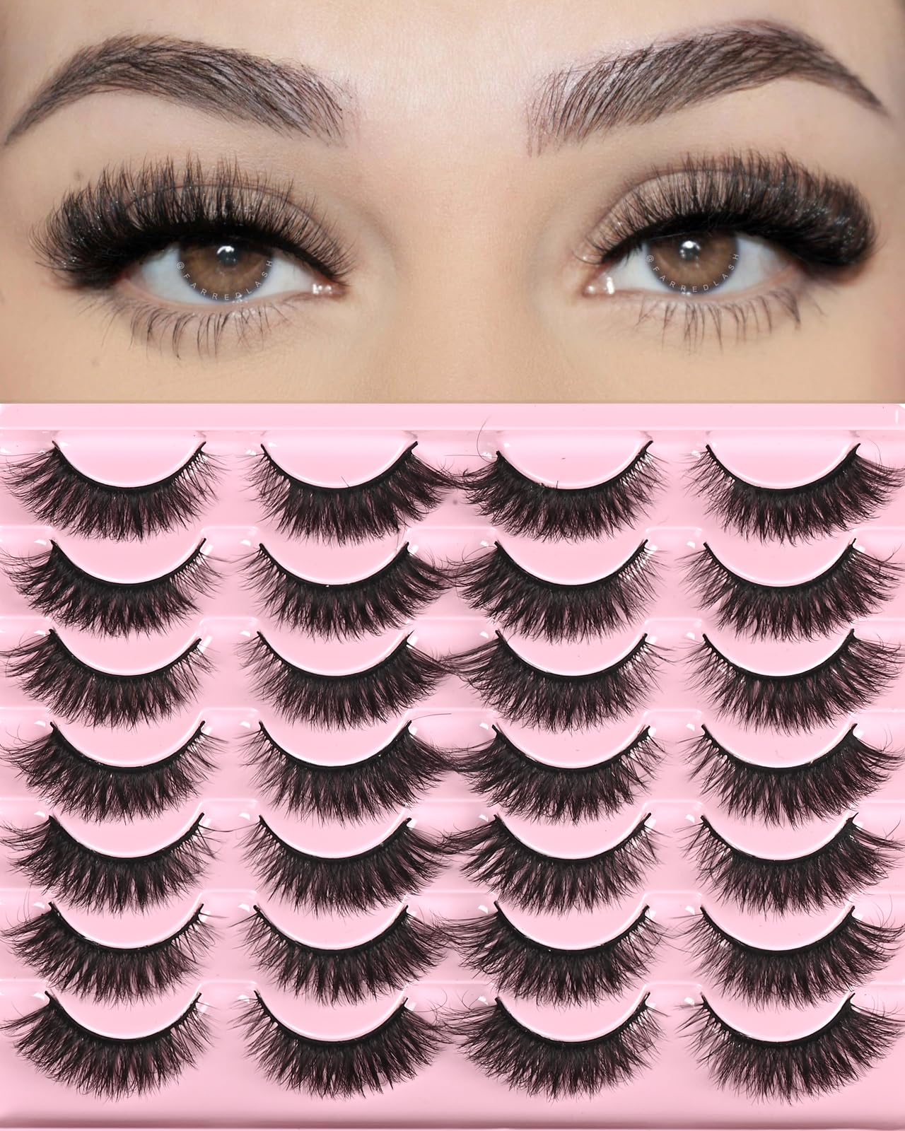FARRED Natural Lashes Short Eyelashes Wispy False Mink Lash Pack 14 Pair Fluffy Cat Eye Strip Eyelash that Looks Like Extensions Small Fake Lashes for