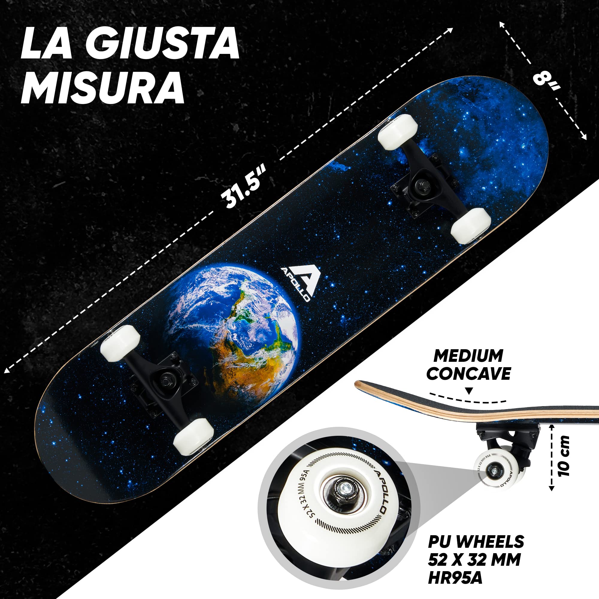 Apollo Skateboard Professionale Completo – Skateboard Bambino, Ragazzo, Adulto - Tavola Skate in Legno a 7 Strati – Tavola Skateboard Design Originale, Medium Concave, Cuscinetti a Sfera ABEC-7