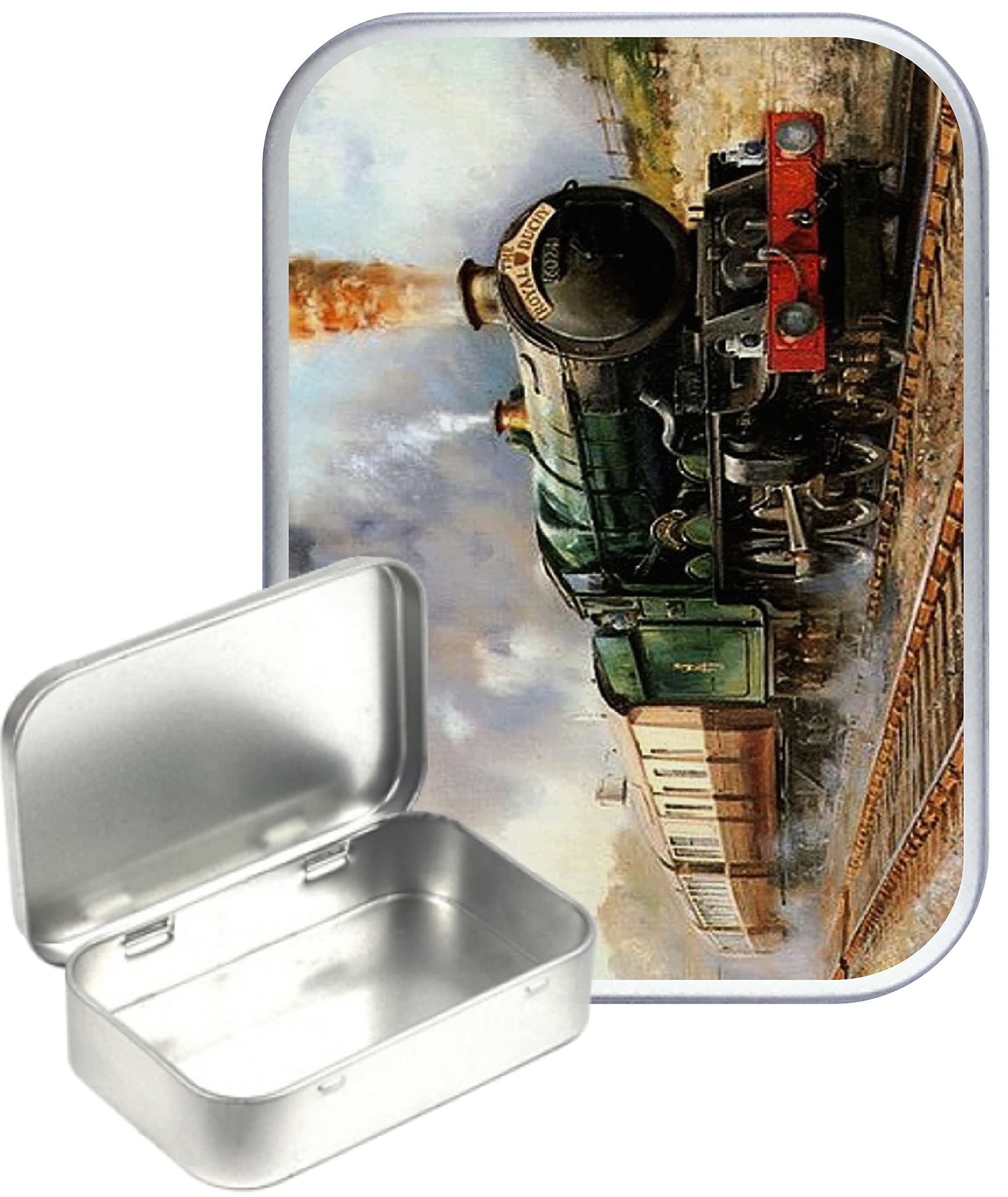 Teez Silver Steam Train Hinged Tin,Small 30Ml Tin, Pill Tin, Pocket Tin, Gift Box, 1Oz Tobacco Tin, Herb Tin