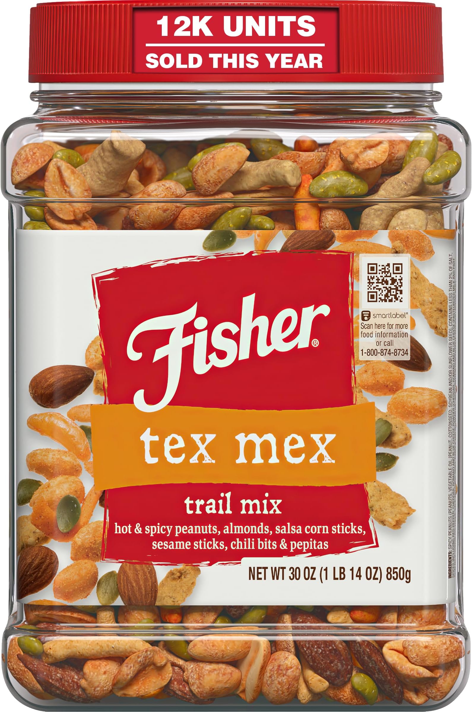 Fisher Snack Tex Mex Trail Mix, 30 Oz, Hot and Spicy Peanuts, Almonds, Salsa Corn Sticks, Sesame Sticks, Chili Bits, Pepitas