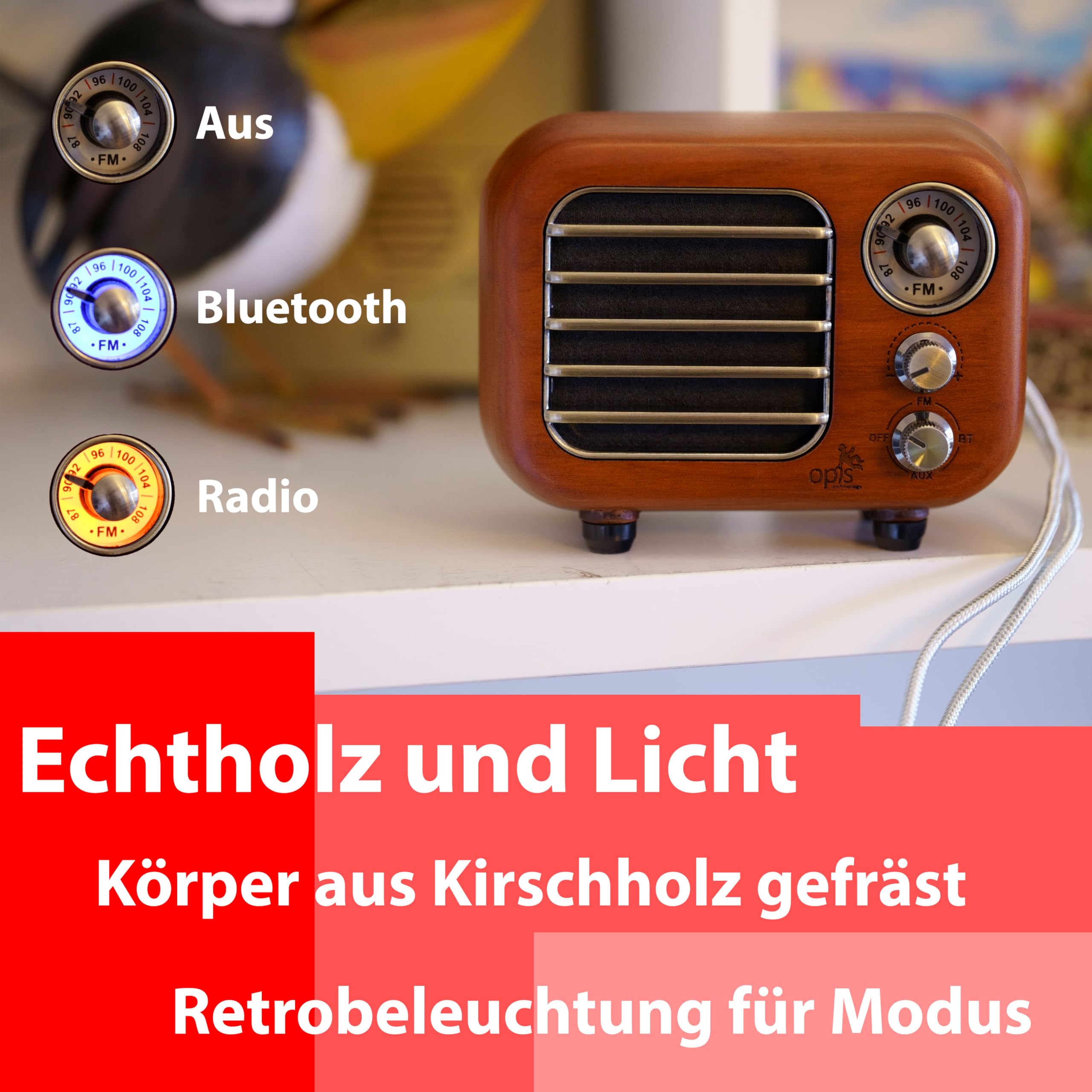 Opis Radio 3 – Kleiner Kirschholz Retro Bluetooth Lautsprecher mit UKW Radio mit Bluetooth im Vintage Look - SD-Kartenfunktion und AUX Eingang