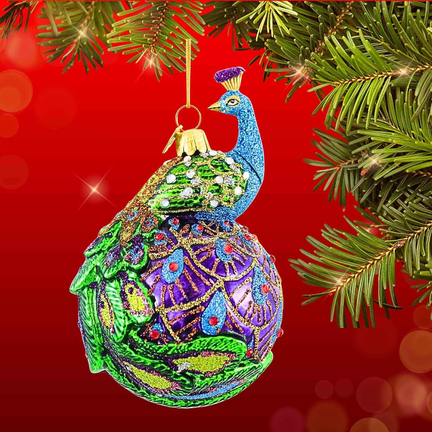Kurt S. Adler Peacock Themed Purple Blue Teal Green Ornaments (Noble Gems? 5" Peacock Glass Ball Christmas Tree Ornament NB1345)