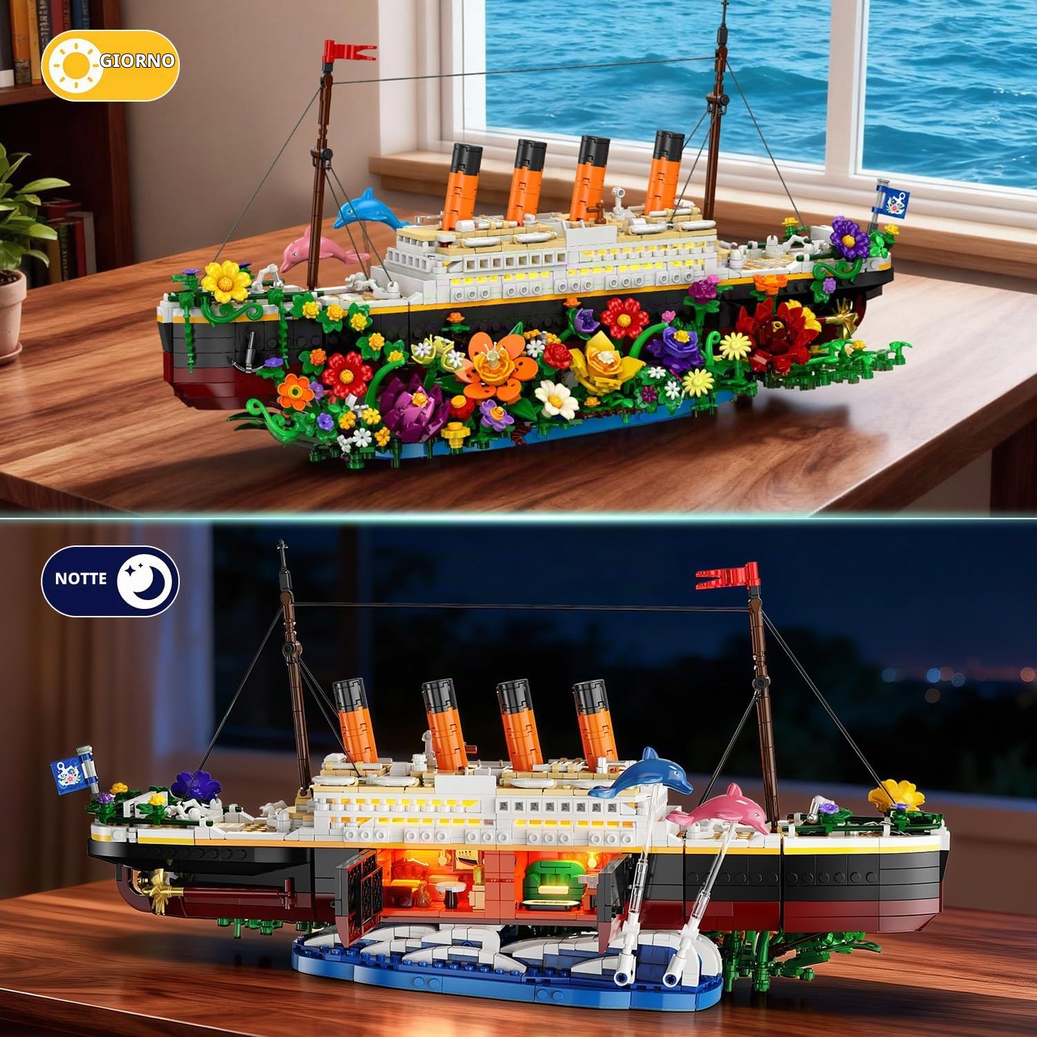 INSOON Blumen Titanic Giocattolo da costruzione con luce, nave Titanic con fiori, delfini botanici, 1860 pezzi modello di nave, mattoncini di serraggio, regalo per adulti, bambini, ragazzi e