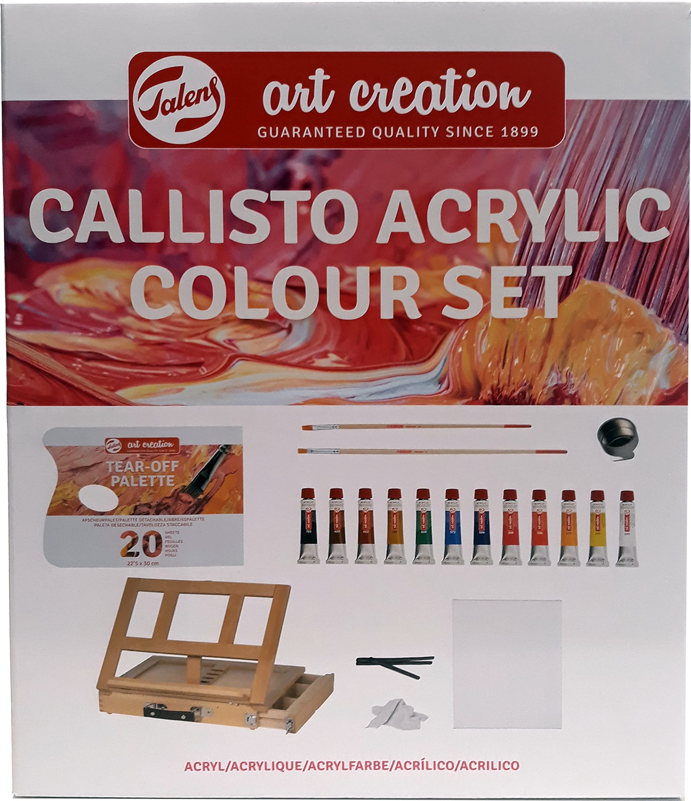 Talens Art Creation Set Acrílico 12 tubos 12 ml, caja-caballette, paleta desechable, pinceles, pocillo, carboncillos, trapo de tela, tablilla entelada