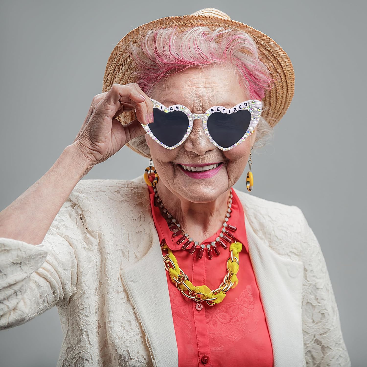 Retirement Party Decorations - Retirement Glasses for Women, White Heart Happy Retirement Eyeglasses Party Supplies, Funny Farewell Retired Party Sunglasses Photo Props Decor