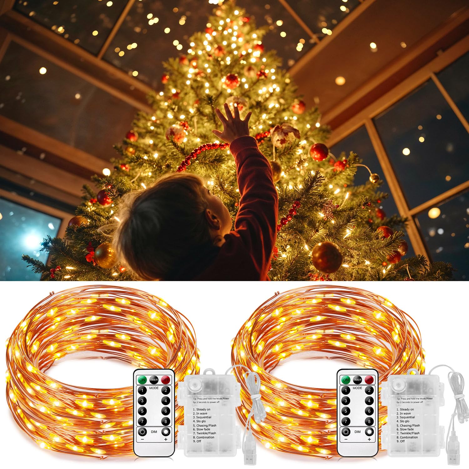 carpopo 2 Pack Fairy Lights, Battery Operated & USB Plug in, 10M 100 LED String Lights with Remote 8 Modes, Waterproof String Lights for Indoor, Bedroom Decor, Party, Birthday, Wedding-Warm White โ image 1
