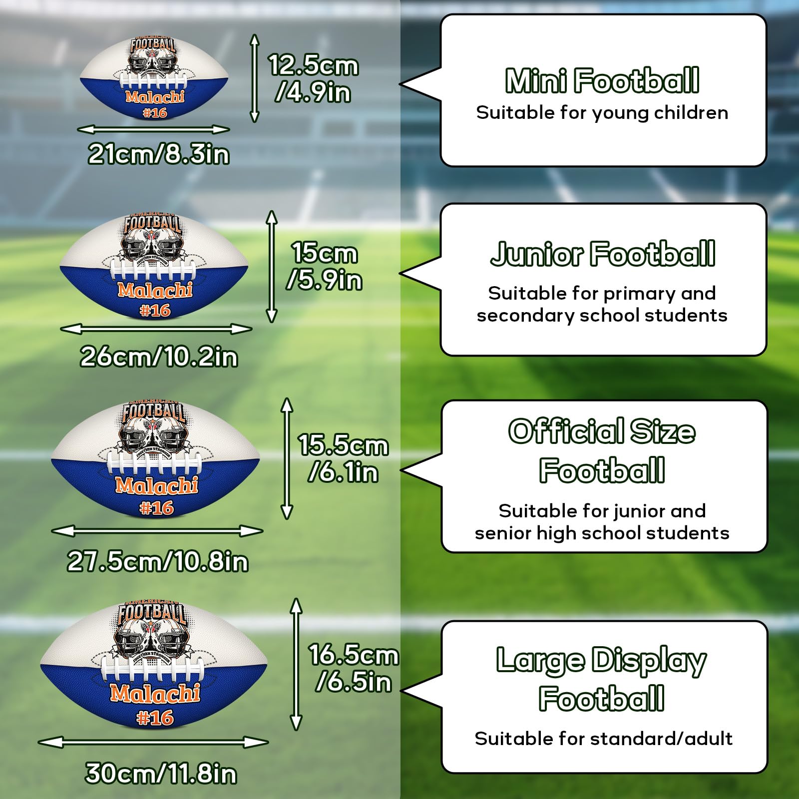 American Football – Personalisierbarer Football mit Text, Logo oder Foto Fans – Mini, Junior, Offizielle Größen – Für Trainer, Spieler, Papa oder als Trophäe