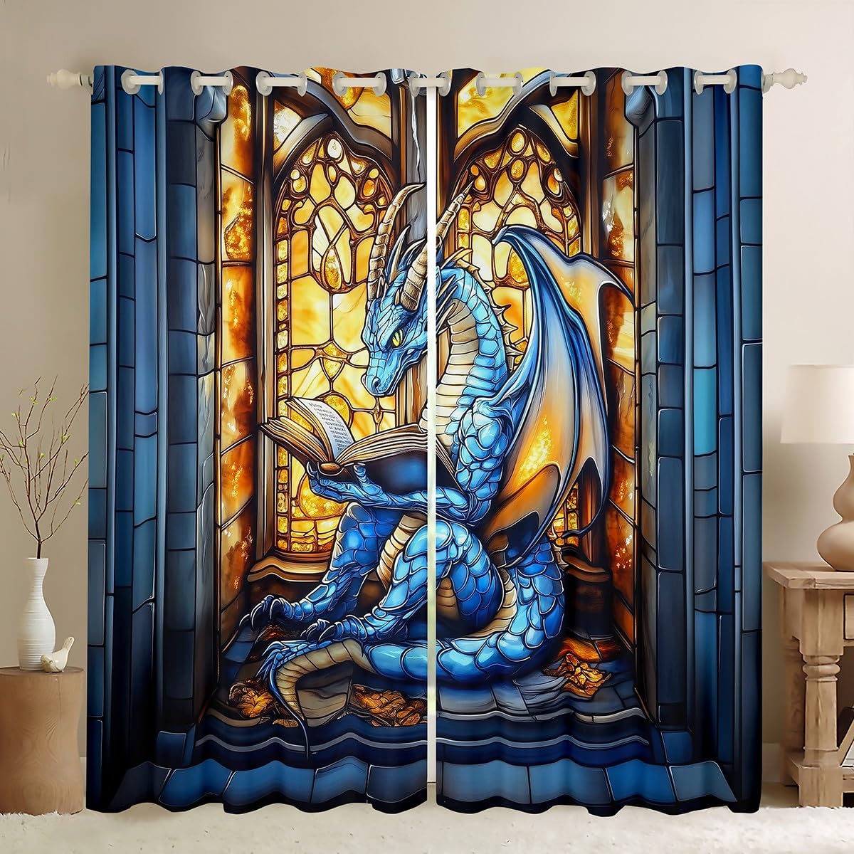 Rideau dragon occidental bleu lot de 2 pour chambre enfant garçon patchwork géométrique chic