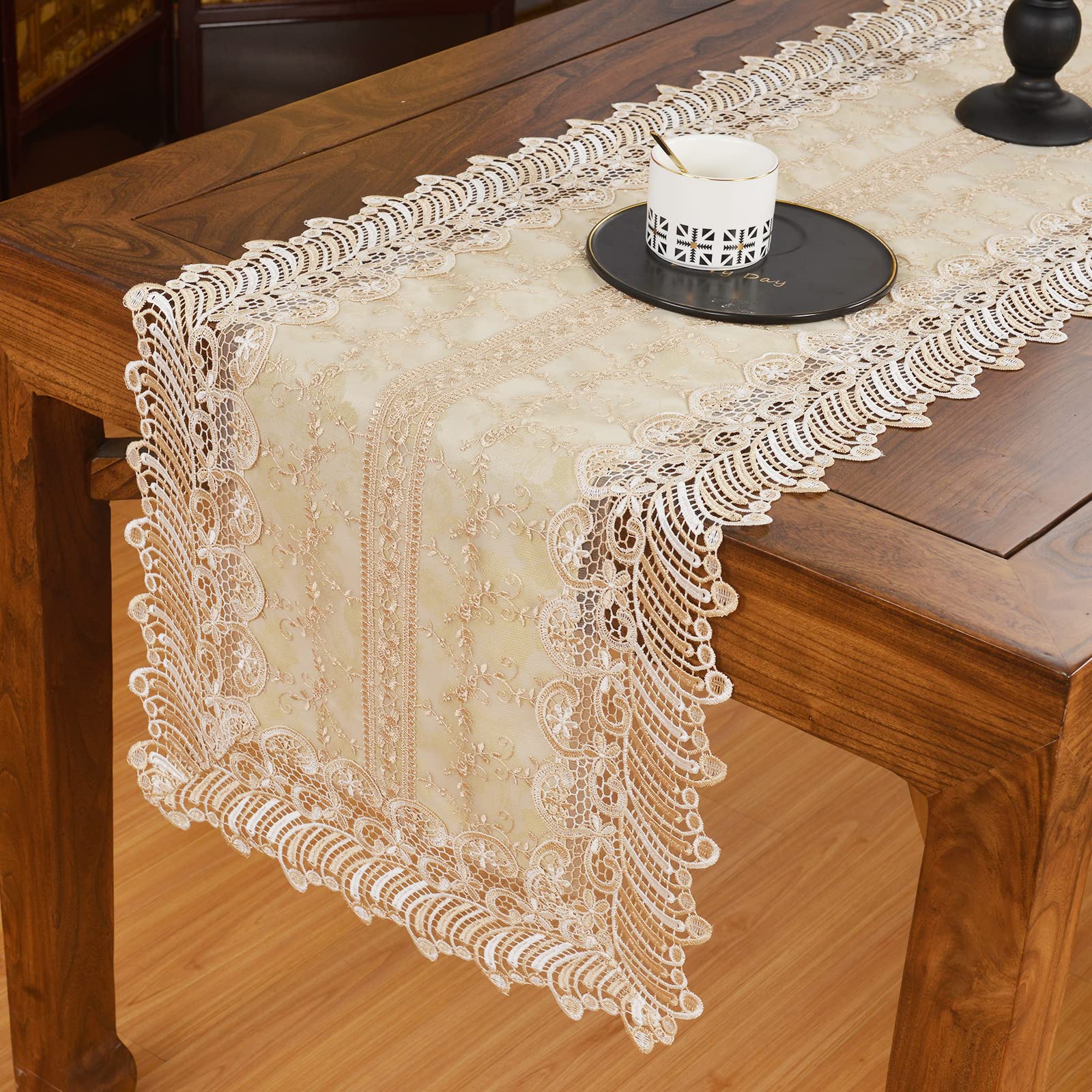 LIN TONG Table Runner, Lace with Exquisite Rose Embroidered Floral Table Runner, Vintage Rustic Coffee Dining Table Runner for Holiday Party, Farmhouse, Wedding and Dining Decorations, Beige 17"X108"