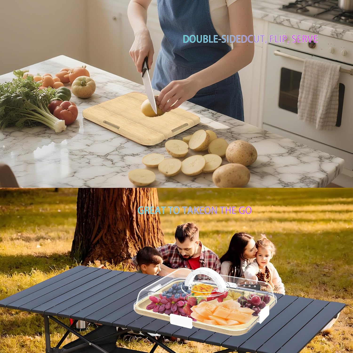 Charcuterie Board with Clear Lid and Handle,6 Compartments Bamboo Charcuterie Boxes for Picnics & Entertaining,Travel Portable Cheese Board Cutting Boards Perfect for Snacks& Fruit (White) - Image 5