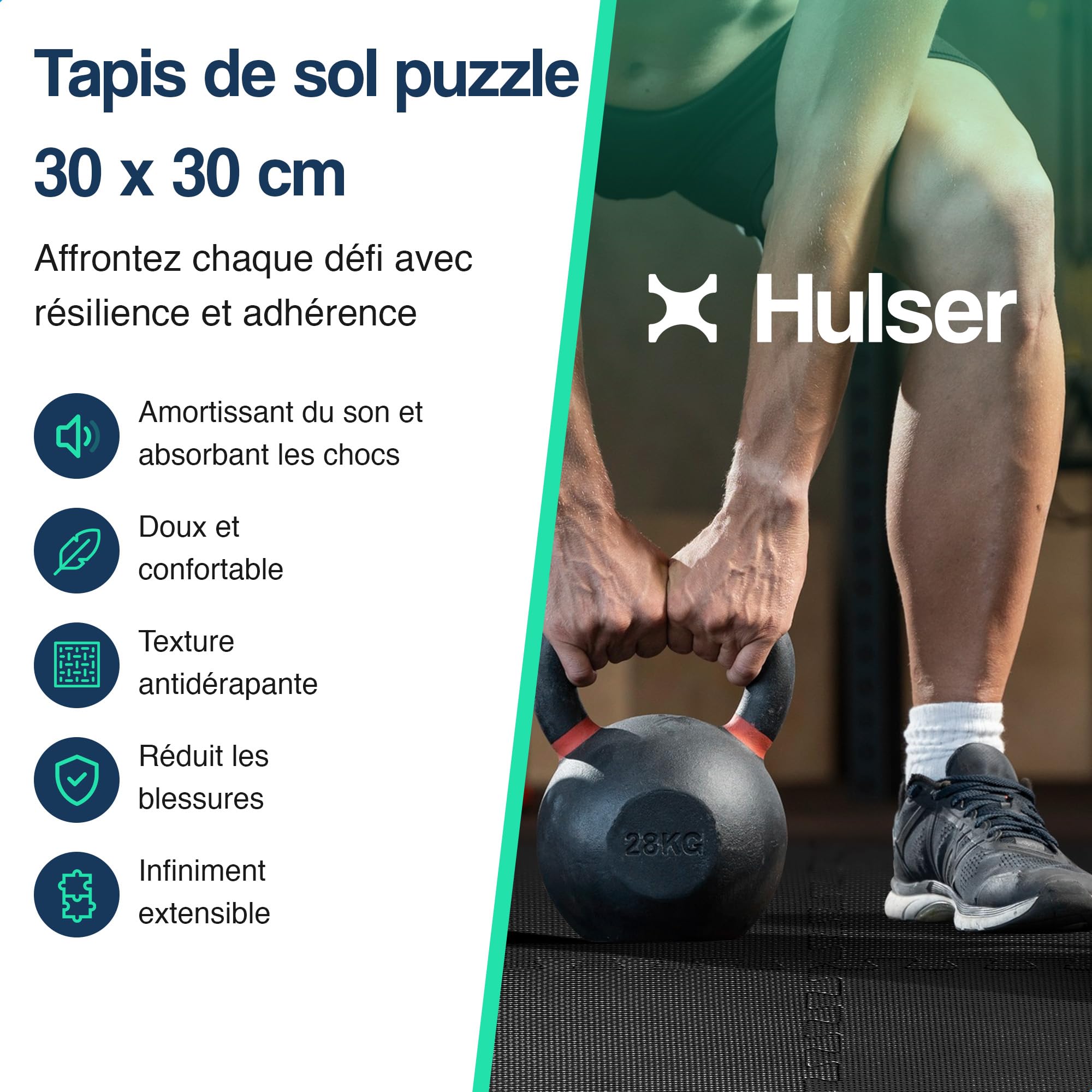 Hulser Tapis puzzle de fitness - 30 x 30 x 1 cm - Tapis de protection de sol pour salles de sport et maison - Pour appareils de fitness - d'entraînement