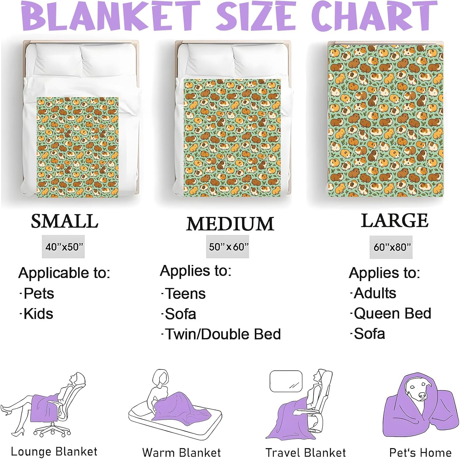 Cute Guinea Pig Pattern Throw Blanket for Boys Girls Kids Adults, Cozy Small Animal Theme Flannel Blankets Gifts for Camping, Bedroom, Couch, Room Home Decor, 50"x60" - Image 3