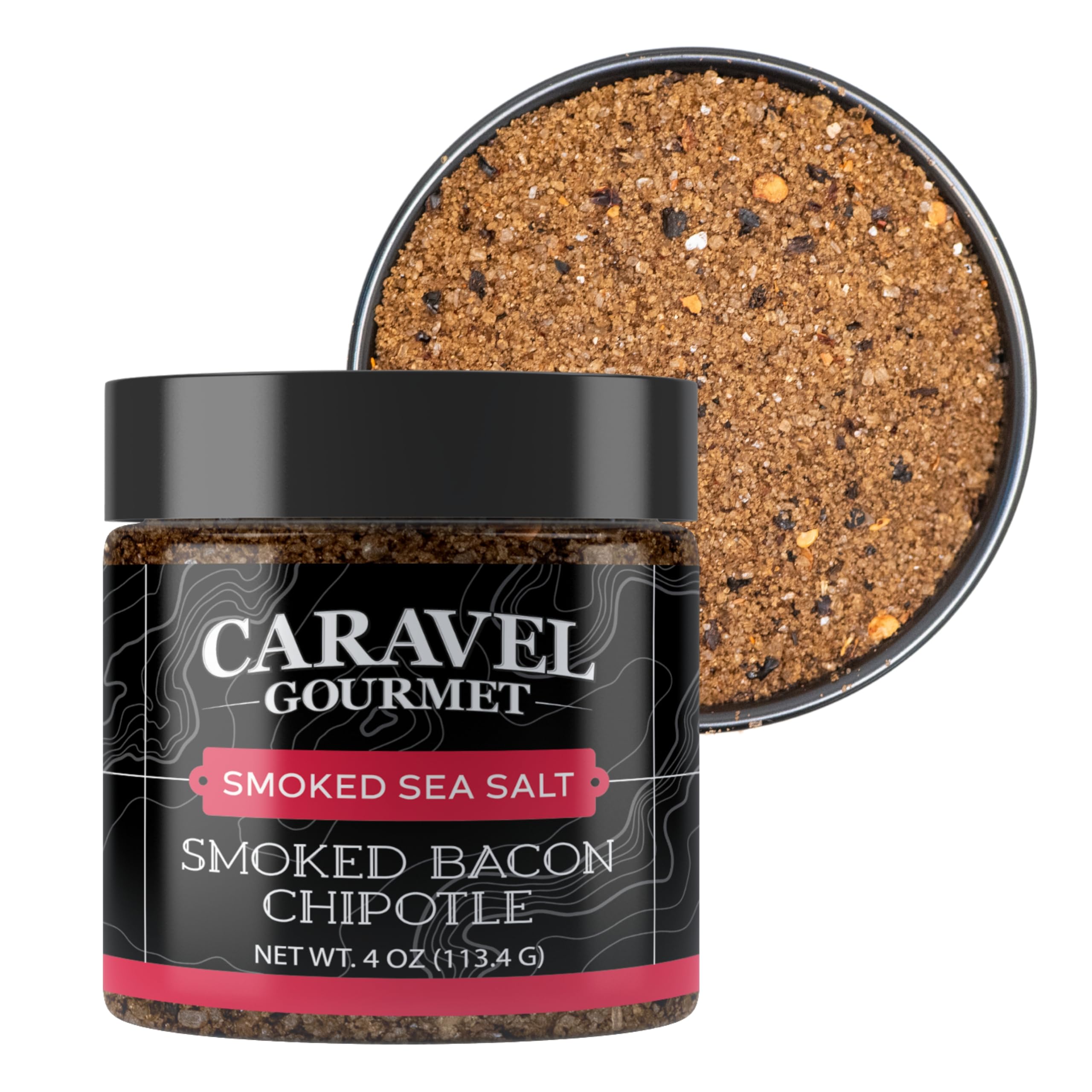Smoked Bacon Chipotle Fine Sea Salt - All-Natural Bacon Sea Salt Slowly Smoked for Perfect Smoky Flavor - No Gluten, No MSG, Non-GMO - Cooking or Finishing - 4 oz. Stackable Jar