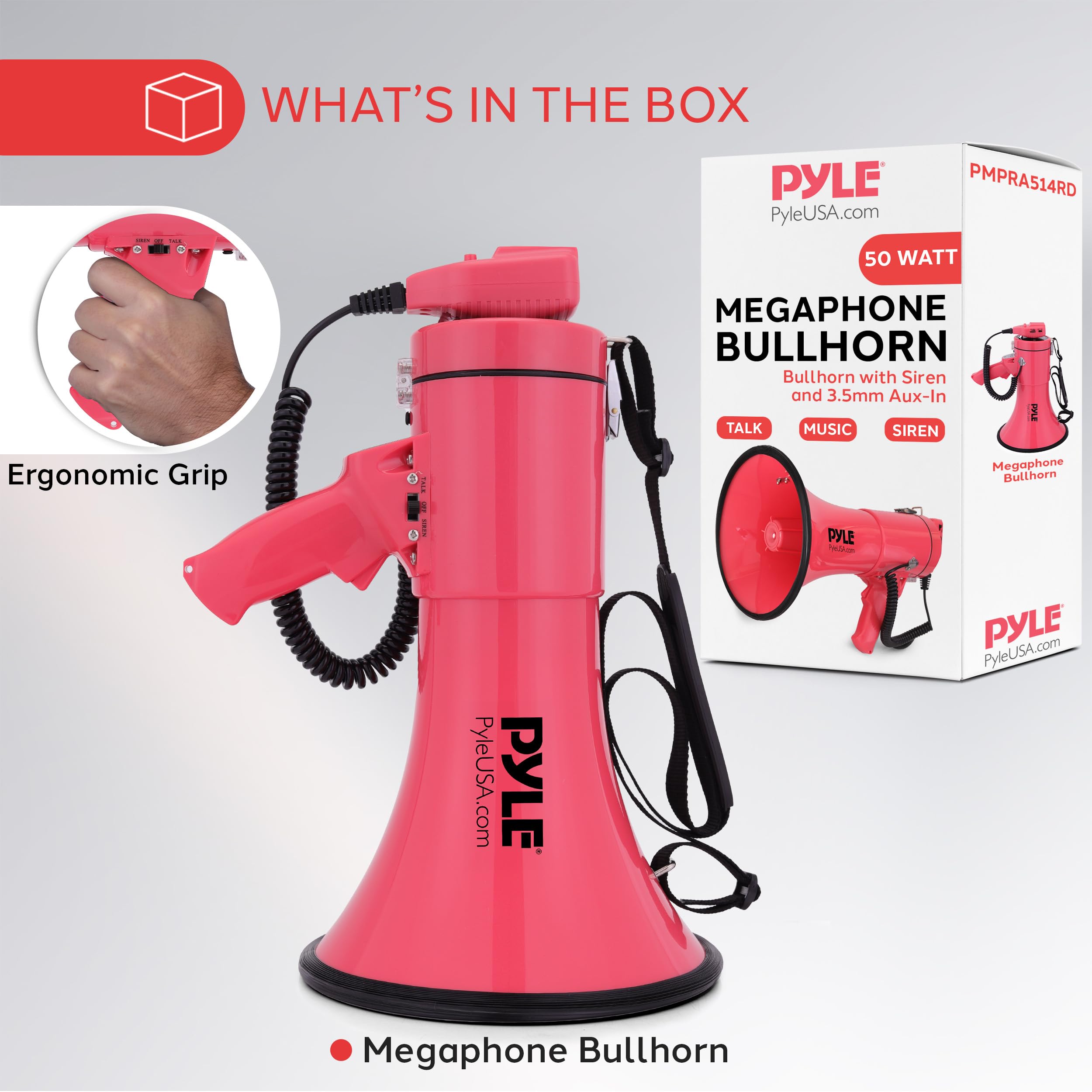 Pyle 50W Megaphone Bullhorn - Portable, Automatic Siren & Adjustable Volume,Projection Range Up to 1200 Square Yards, Aux Input, Talk, Siren, Music, Whistle, & Record, Shoulder Strap (Red)