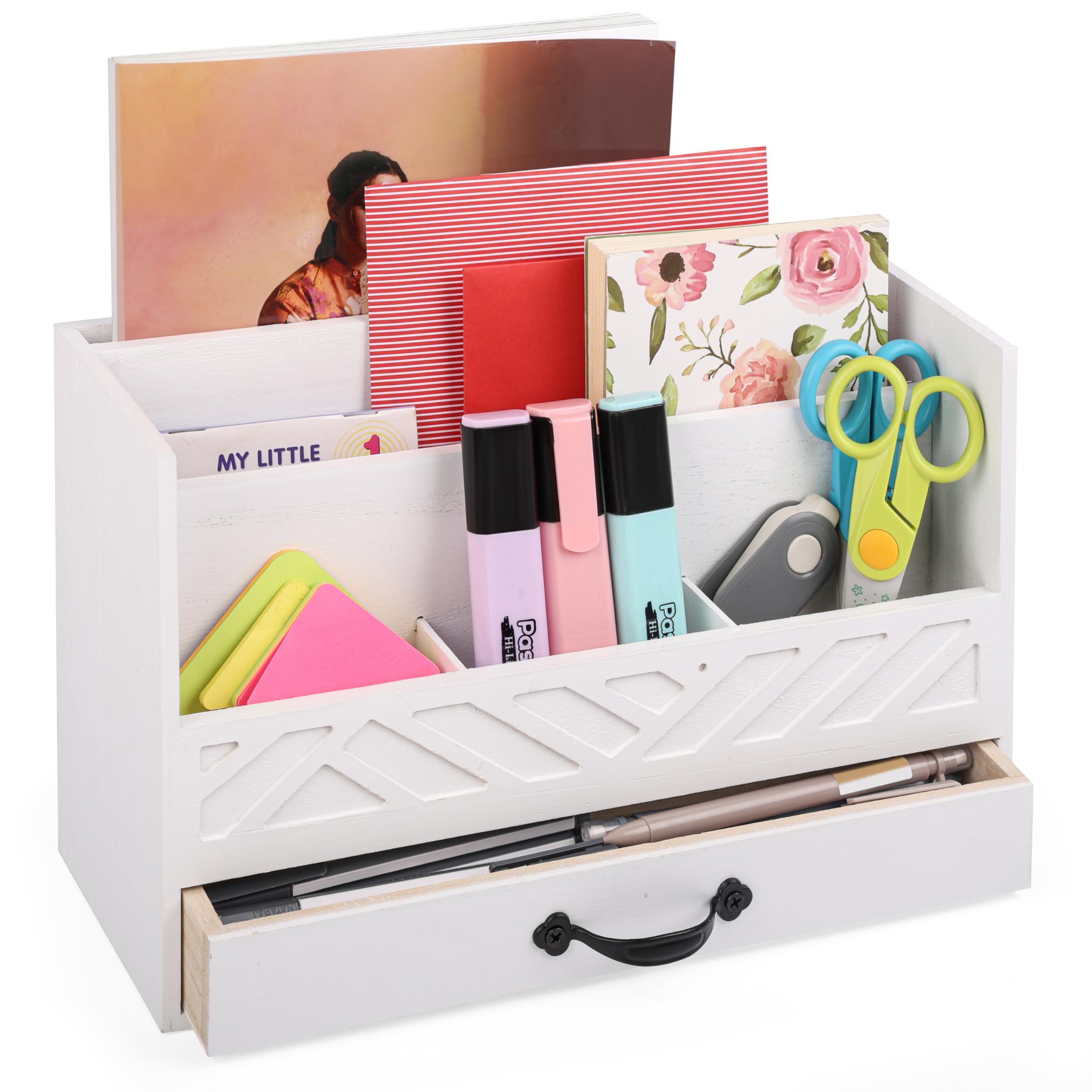 BELLE VOUS Organizador de Escritorio de Madera - Lapicero Blanco con Compatimentos y Cajon para Accesorios y Material de Oficina - Bote Almacenaje Lapices Rotuladores Boligrafos