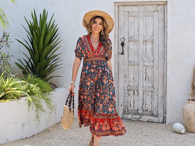 r vivimos boho dress R.Vivimos Womens Summer Cotton Flowy Maxi Dress Short Sleeve V Neck Empire  Waist Boho Tiered Ruffle Casual Loose Long Dresses