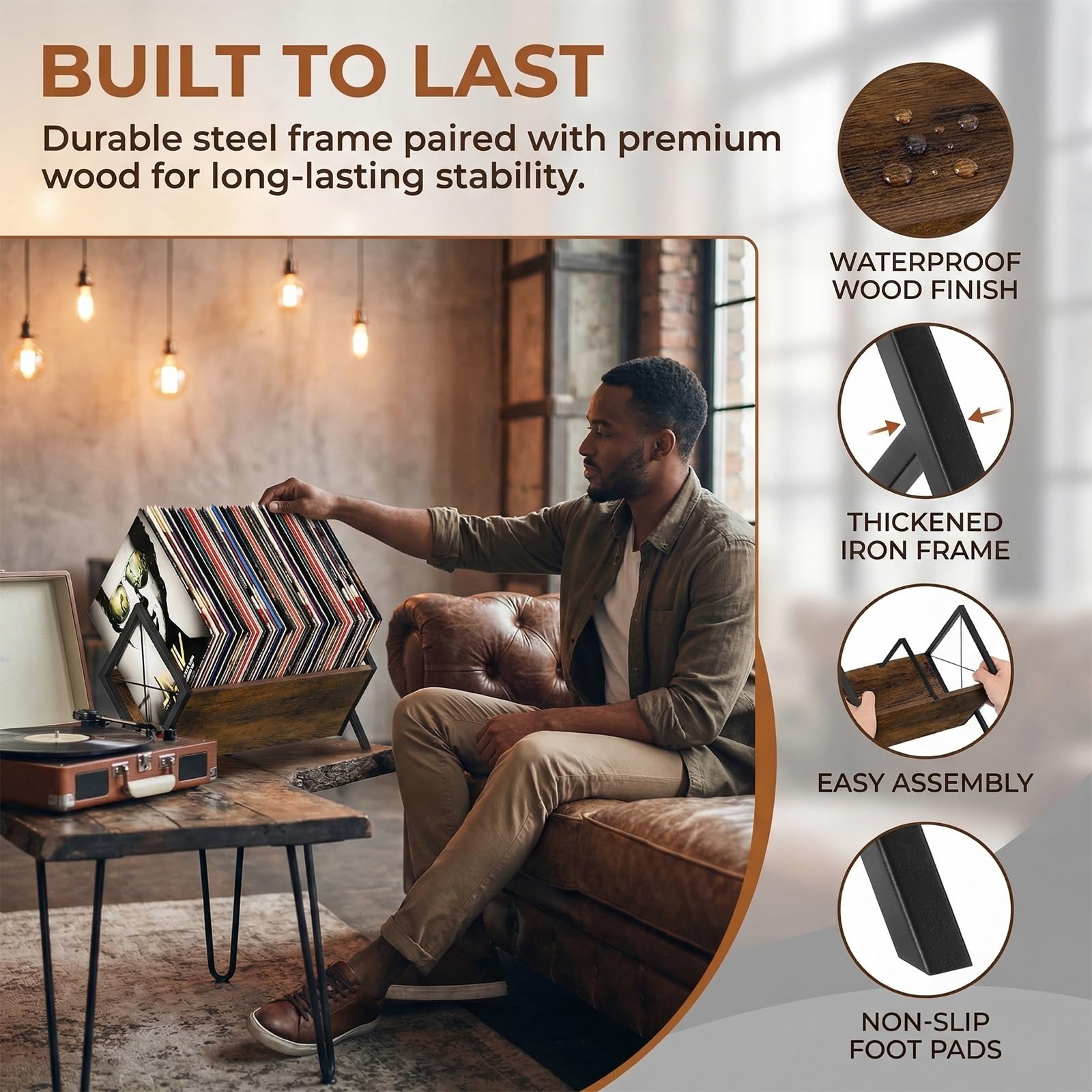 Contenitore per Dischi in Vinile per 80-100 LP, 40x35x35cm | Legno MDF e PVC, Per Vinili e Riviste, Divisori Regolabili, Coperchio Incluso, Nero