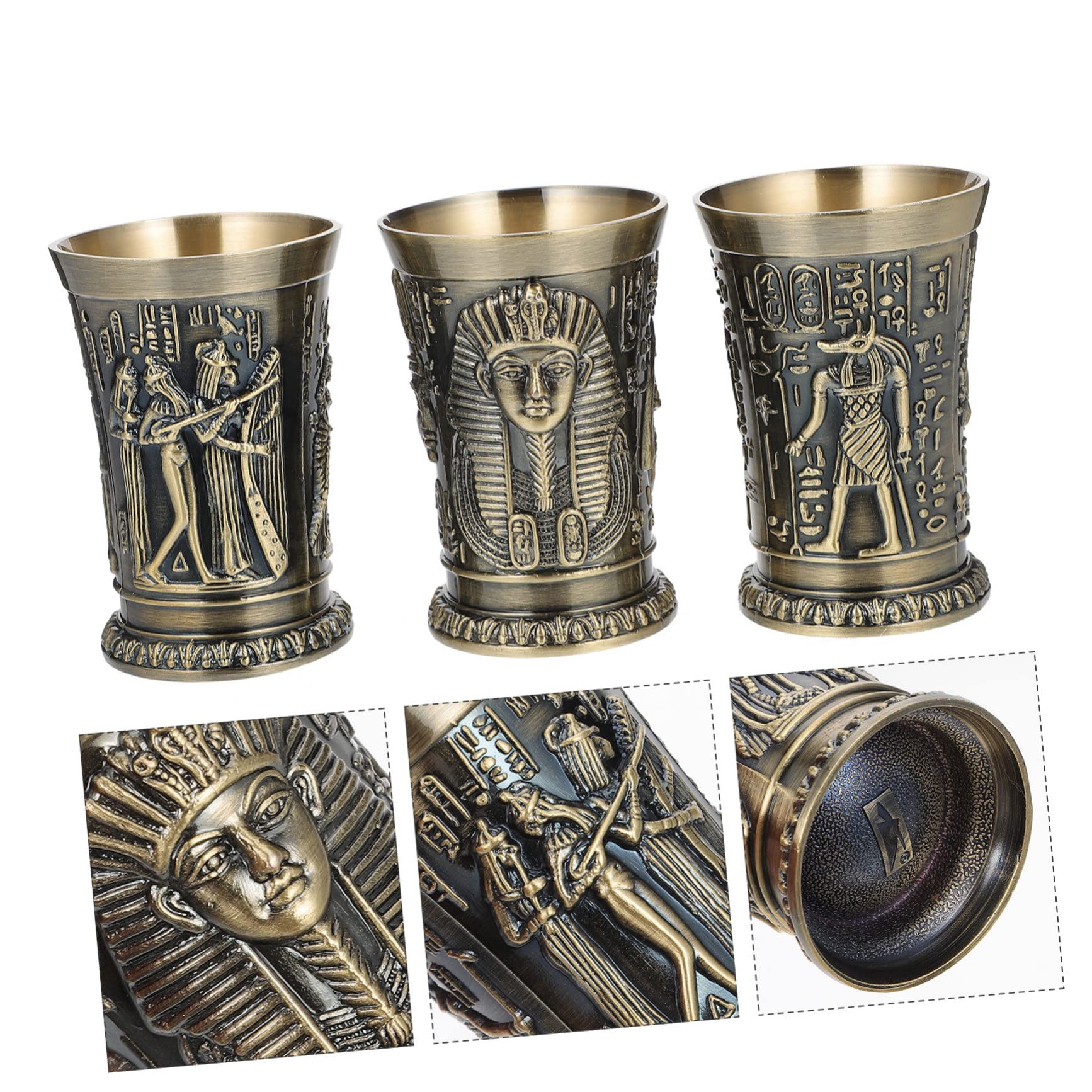 Verres à Shot Lot de 3 Design Égyptien Unique en Alliage de Zinc Or Vintage Fond Stable, pour Maisons et Bars