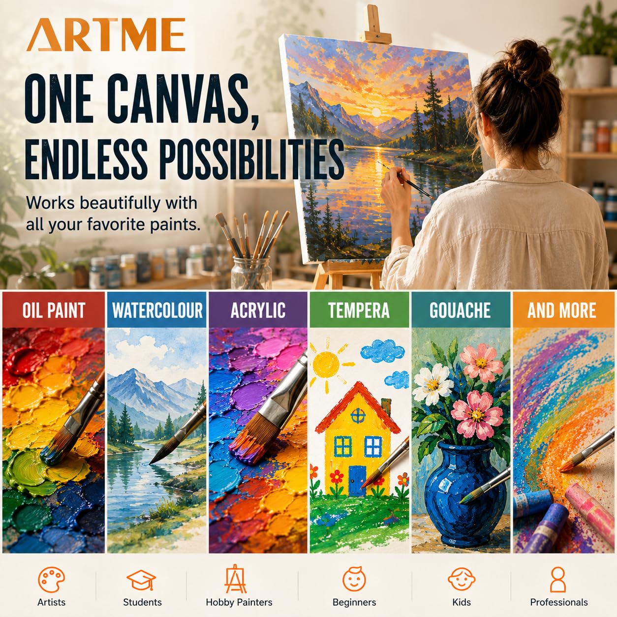 Artme Tela intelaiate 8 pezzi 280GSM 100% cotone bianco grana media per acrilico/olio