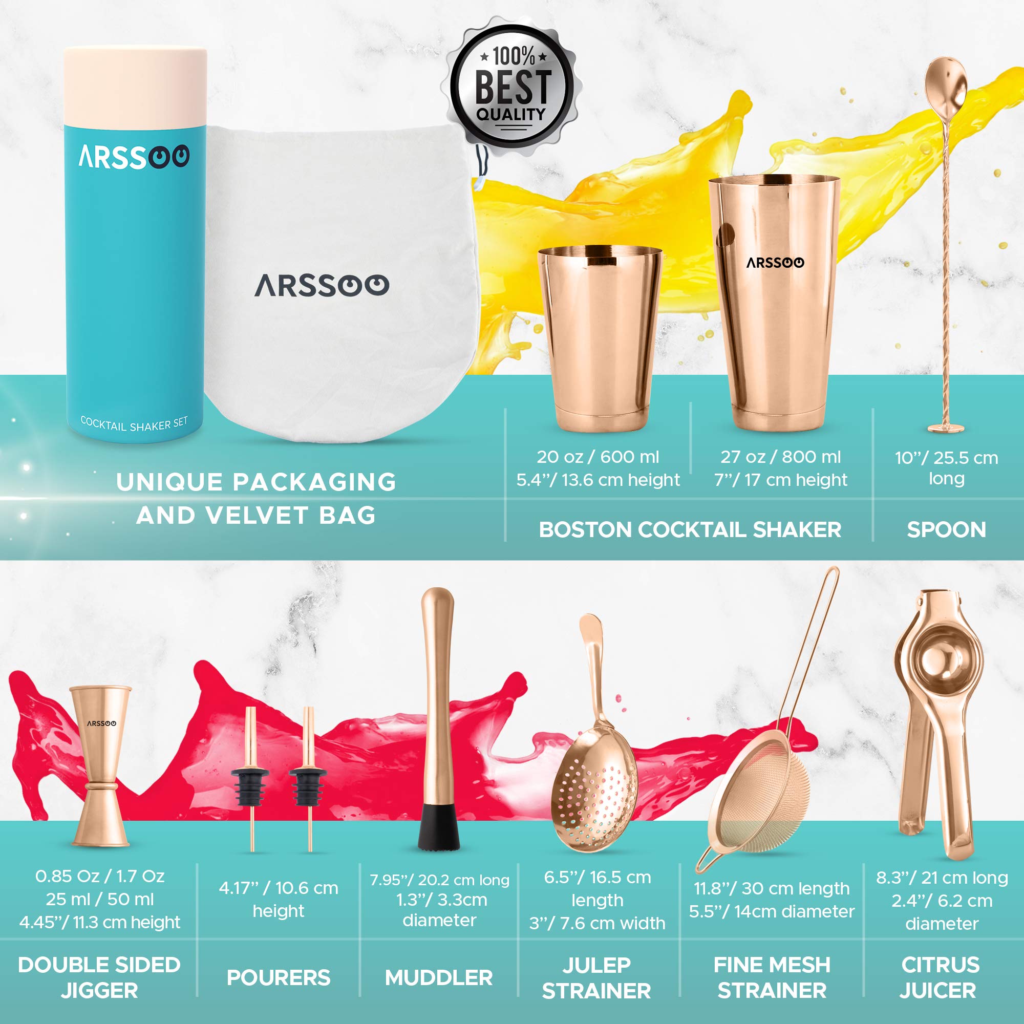 Kit de camarero – Juego de barra de coctelera de acero inoxidable con cocteleras Boston de 27/20 onzas, jigger, 2 vertedores, colador de malla, muddler, cuchara y exprimidor de limón (oro rosa)