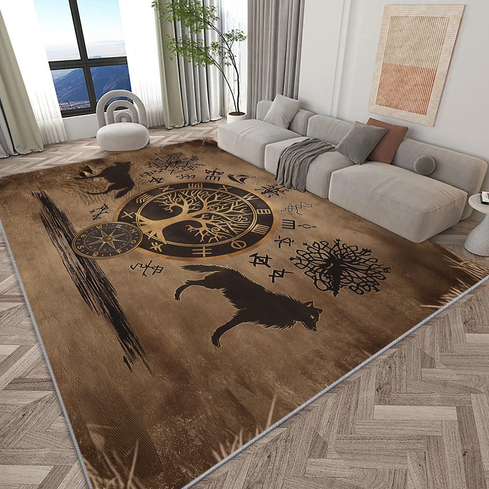 Teppich Wohnzimmer 120x170 cm Waschbarer Teppiche, Alter Wikinger Baum und Wolf Teppich Schlafzimmer - Vintage Kurzflor Teppiche für Wohnzimmer Schlafzimmer Kinderzimmer