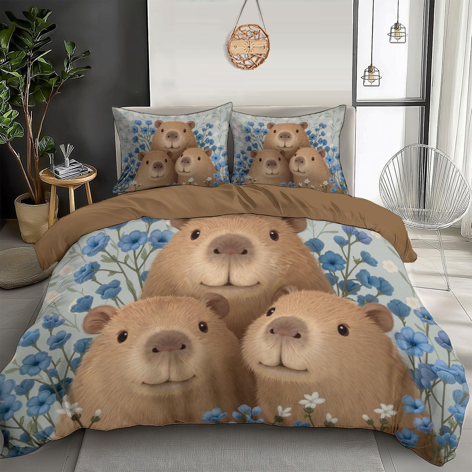 Housse de couette capybara 140x200 parure de lit enfant fleurs bleues avec taies zippées