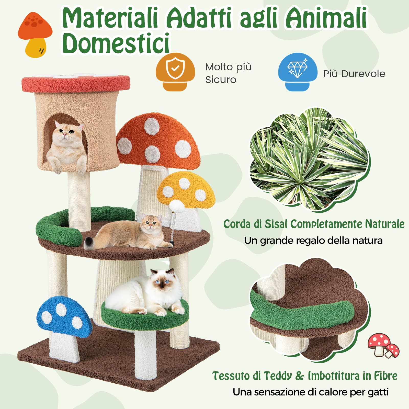 COSTWAY Albero per Gatti a Fungo 4-in-1, Torre Multi-Livello per Gatti con Condo, Piattaforma e Palla a Molla, Centro Attività per Gattini con Pali in Sisal e Tiragraffi