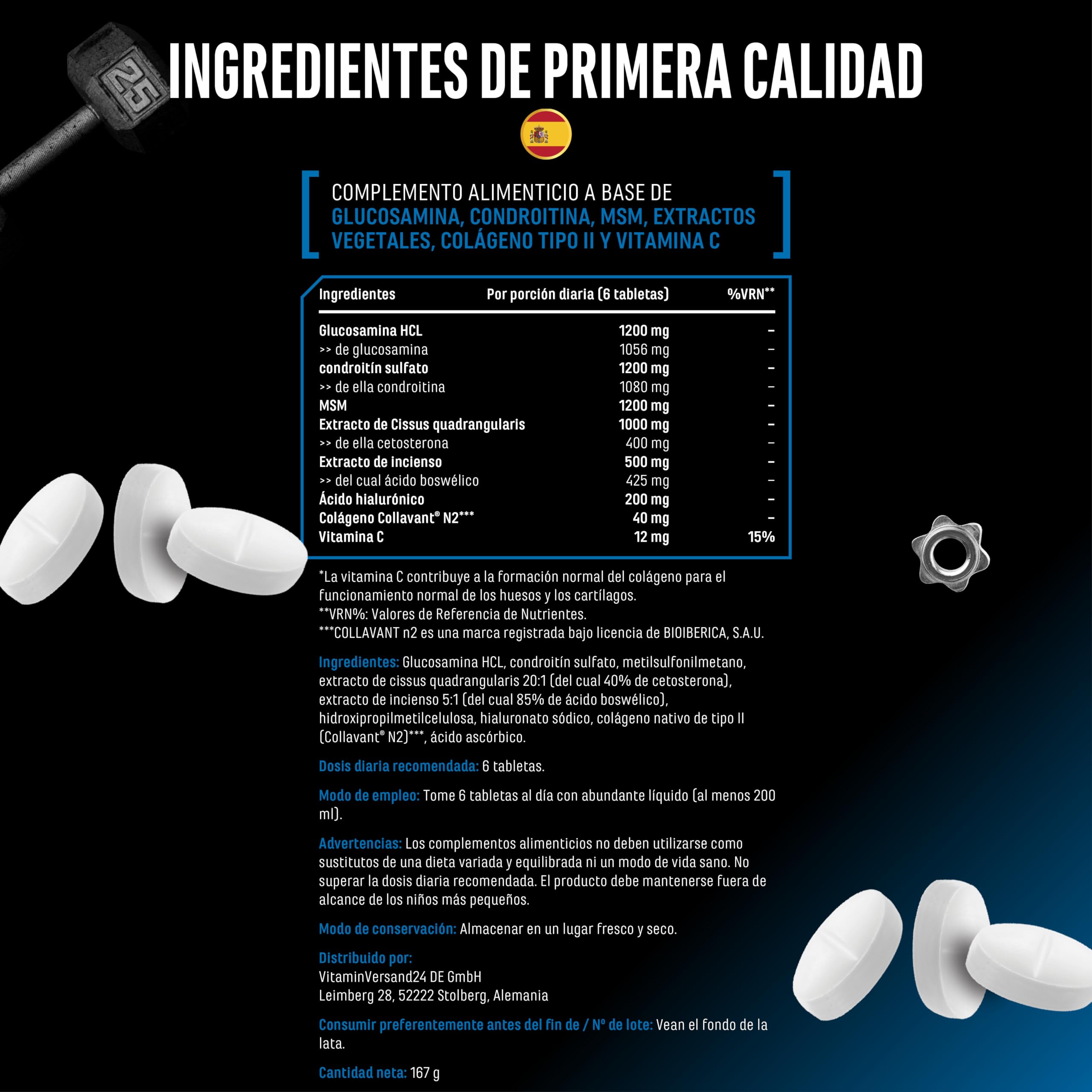 Joint Essentials: suplemento para las articulaciones con Collavant® N2 colágeno tipo II, glucosamina, condroitina, MSM, ácido hialurónico y vitamina C. 180 comprimidos.