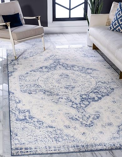 Unique Loom Asheville Collection - Alfombra vintage tradicional, medallón, granja, envejecida, 9 pies 0 pulgadas x 12 pies 0 pulgadas, azulazul claro