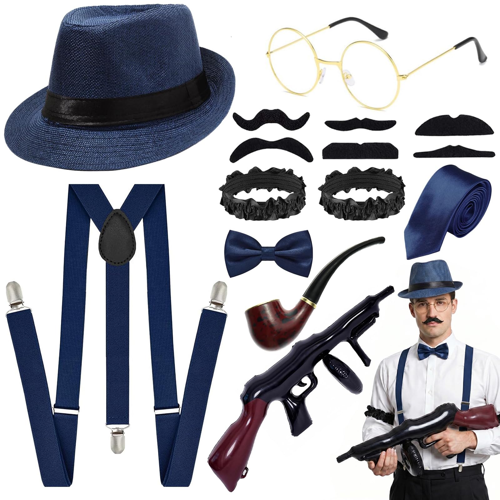 iSharely 1920s Accessories for Men, Gangster Fancy Dress Set with Fedora Hat, Suspenders, Bow Tie, Fake Beards, Glasses, Pipe & Inflatable Toy Gun Roaring 20s Costume for Halloween Theme Party (Blue)