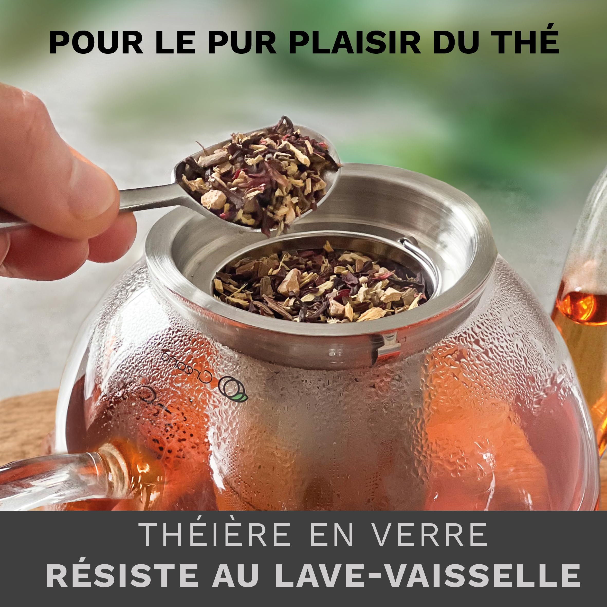 Creano Théière 1 l en verre borosilicaté "haute" avec filtre en acier inoxydable amovible et couvercle en verre – élégante et anti-goutte – pour thé en vrac et fleurs de thé