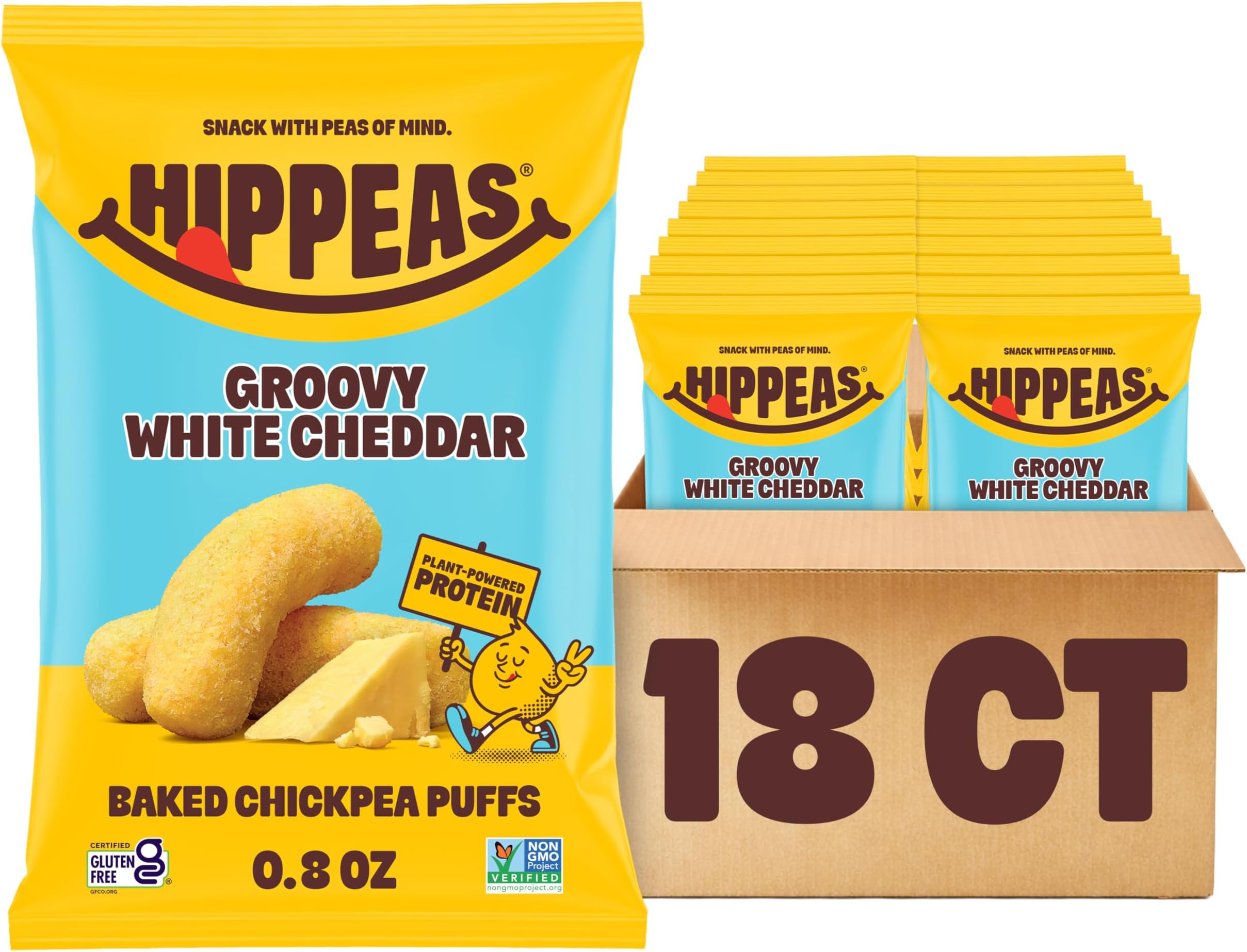 HIPPEAS Chickpea Puffs, Groovy White Cheddar, Gluten Free Snacks, Dairy Free, Vegan, 0.8oz, Pack of 18, 3g Protein, 2g Fiber, Crunchy, Nutritious, Baked Plant Protein Snack, Non-GMO, Kosher