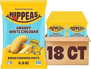 HIPPEAS Chickpea Puffs, Groovy White Cheddar, Gluten Free Snacks, Dairy Free, Vegan, 0.8oz, Pack of 18, 3g Protein, 2g Fiber, Crunchy, Nutritious, Baked Plant Protein Snack, Non-GMO, Kosher