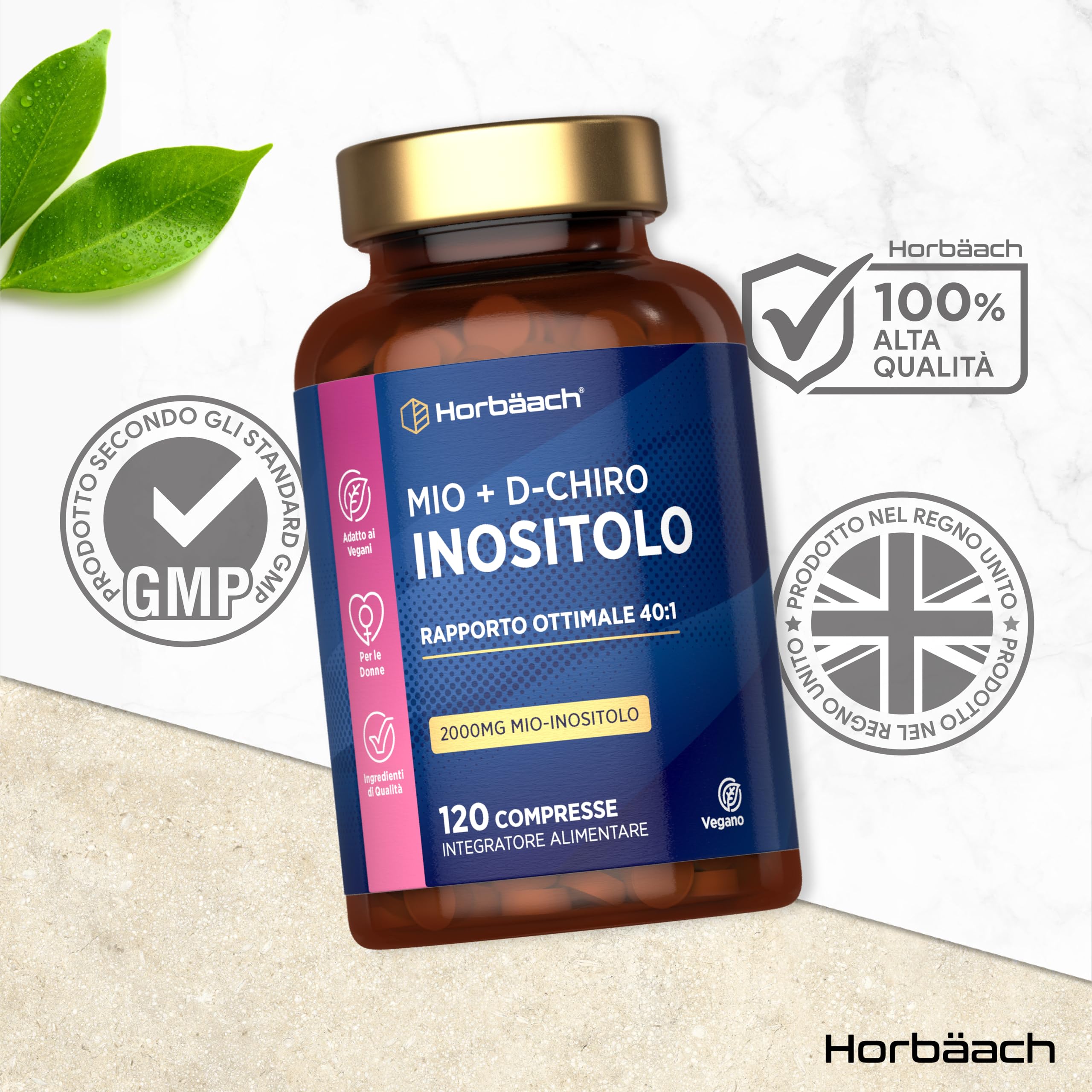 Myo Inositolo e D Chiro Inositolo 40 1 2000 mg | Integratore Vegano per le Donne | 120 Compresse | Myo Inositol D Chiro Supplement | di Horbaach